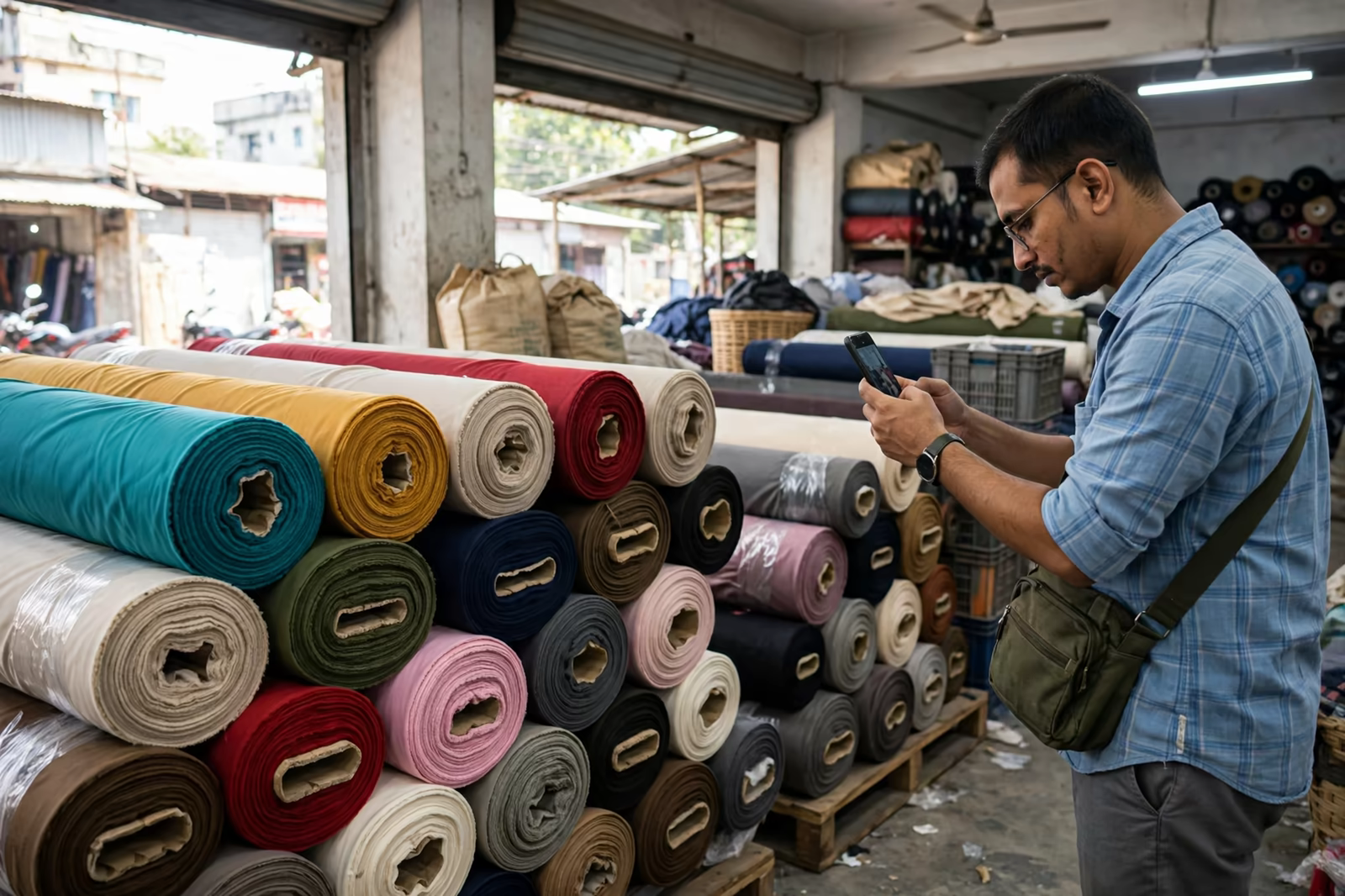 Merchandiser photographing newly arrived fabric for a buyer production update in Bangladesh