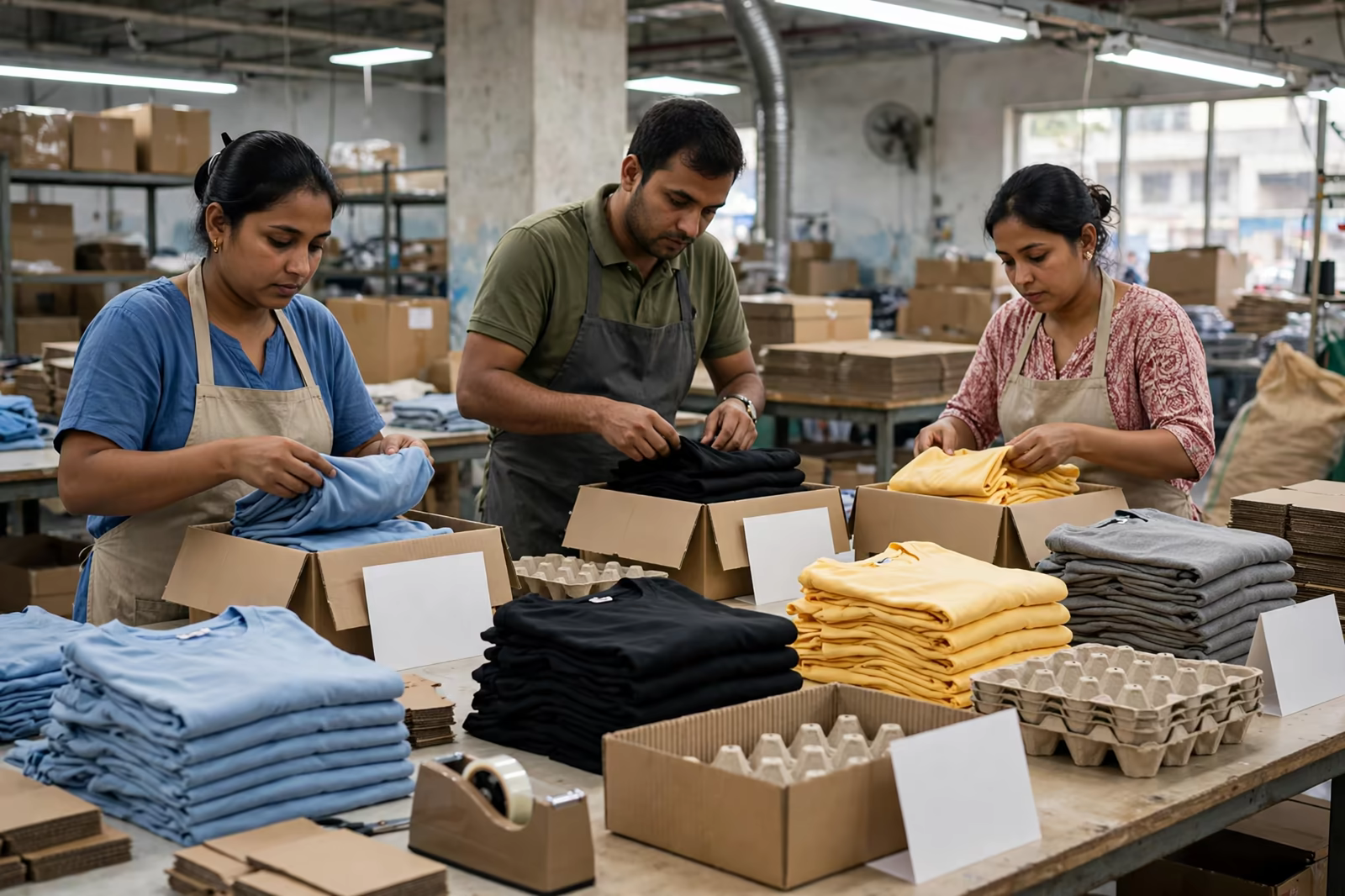 Ratio pack cartons being assembled at a packing table in Bangladesh
