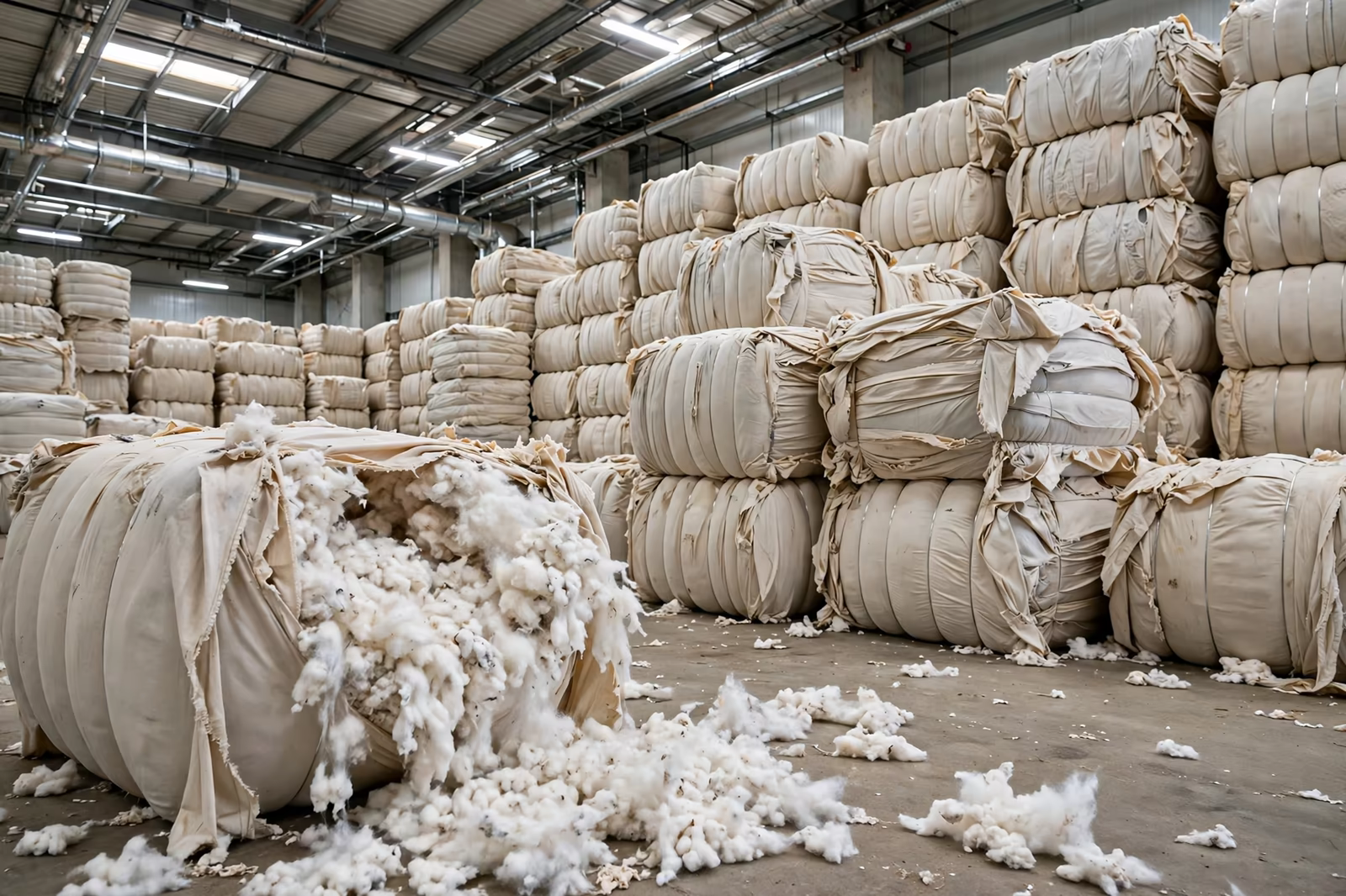 Raw cotton bales in a warehouse feeding apparel production