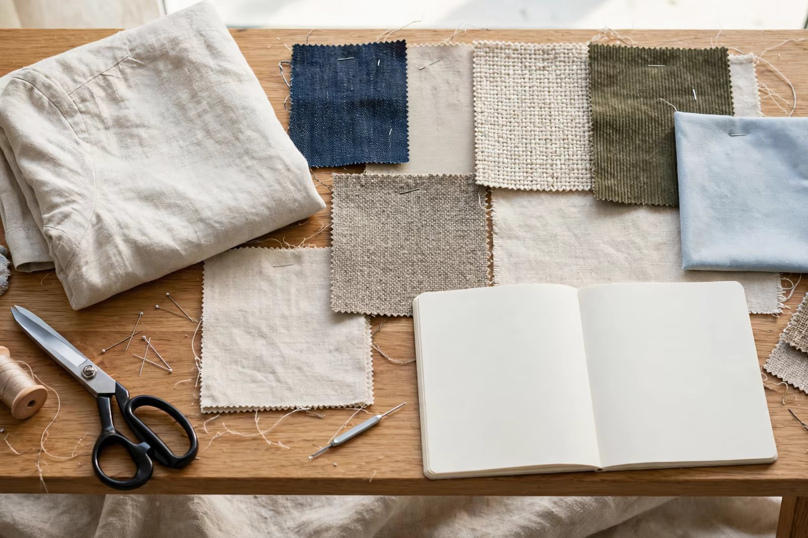 Garment samples, fabric swatches and a blank open notebook on a review desk after an inspection, produced by a clothing manufacturer in Bangladesh