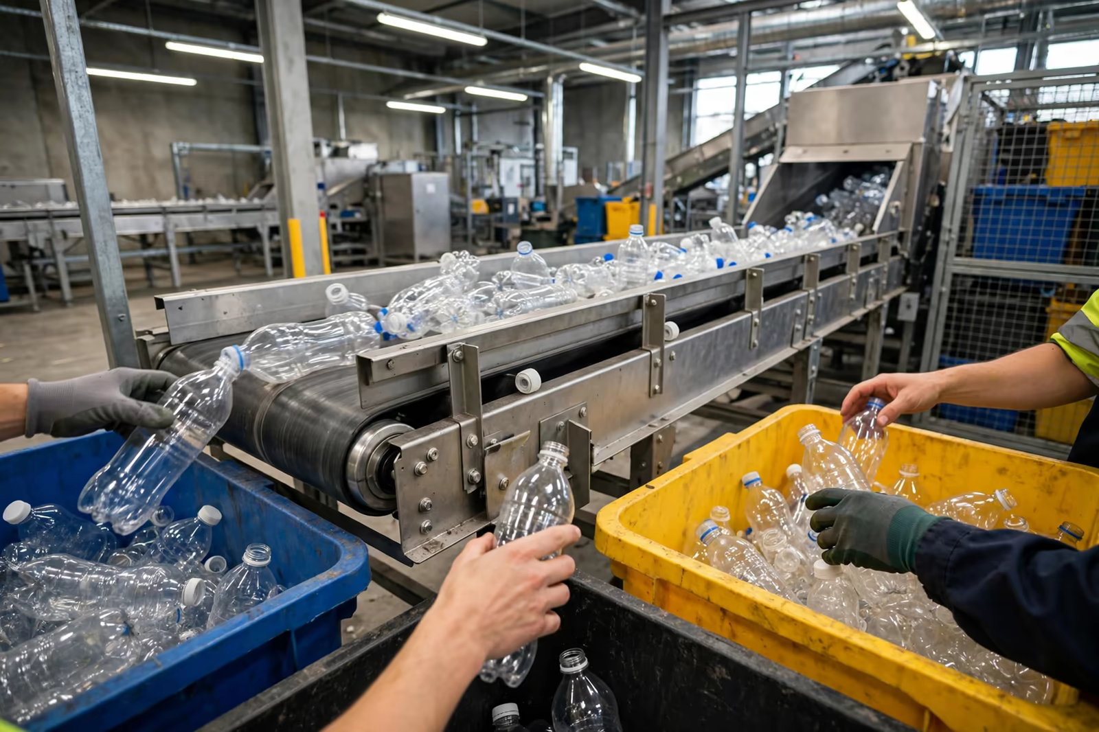 Collected bottles sorted for recycled polyester fibre