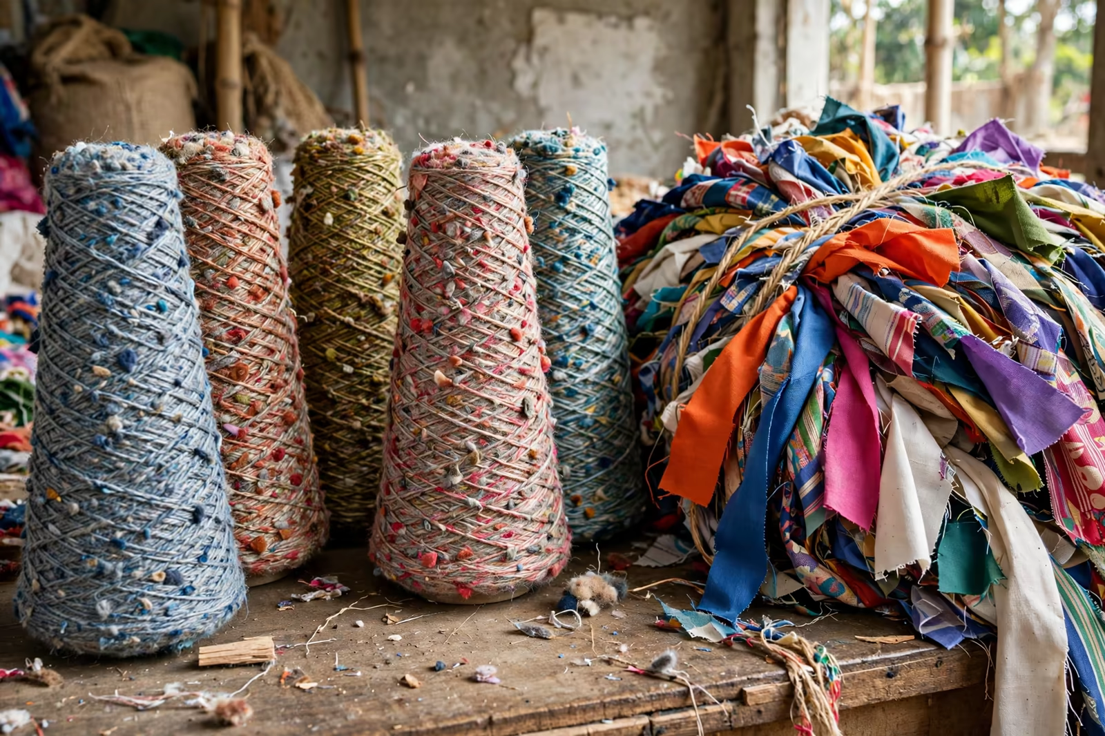 Recycled yarn cones beside fabric cutting waste