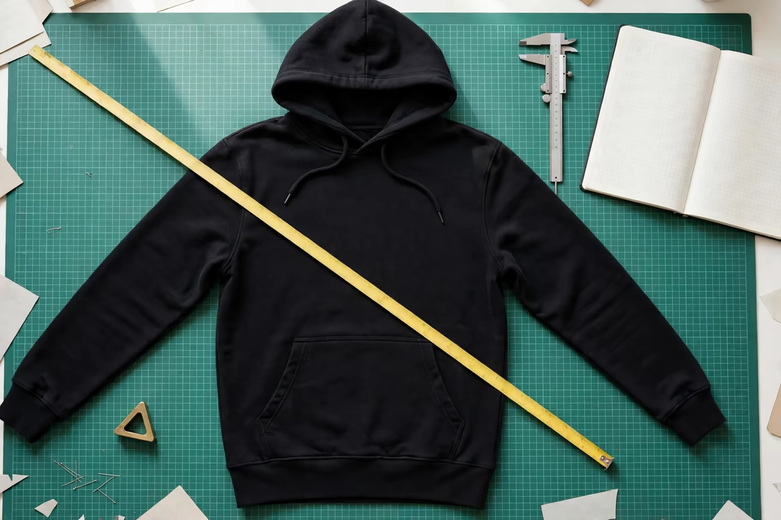 Reference hoodie measured flat on a pattern table in Bangladesh