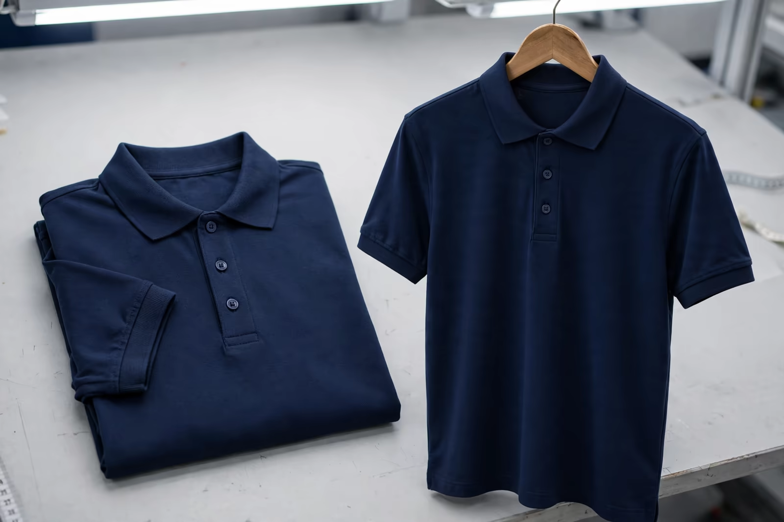 Two identical polo shirts compared for consistency in Bangladesh