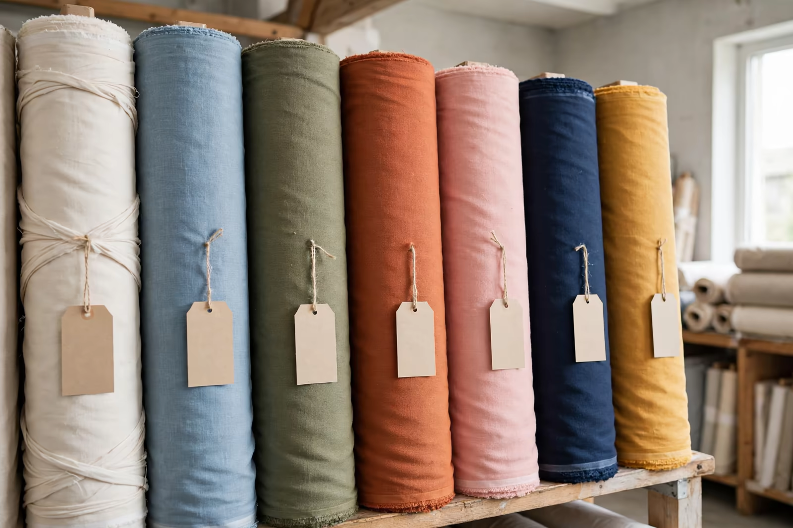 Fabric rolls in several colours with blank tags reserved in a mill store, produced by a clothing manufacturer in Bangladesh