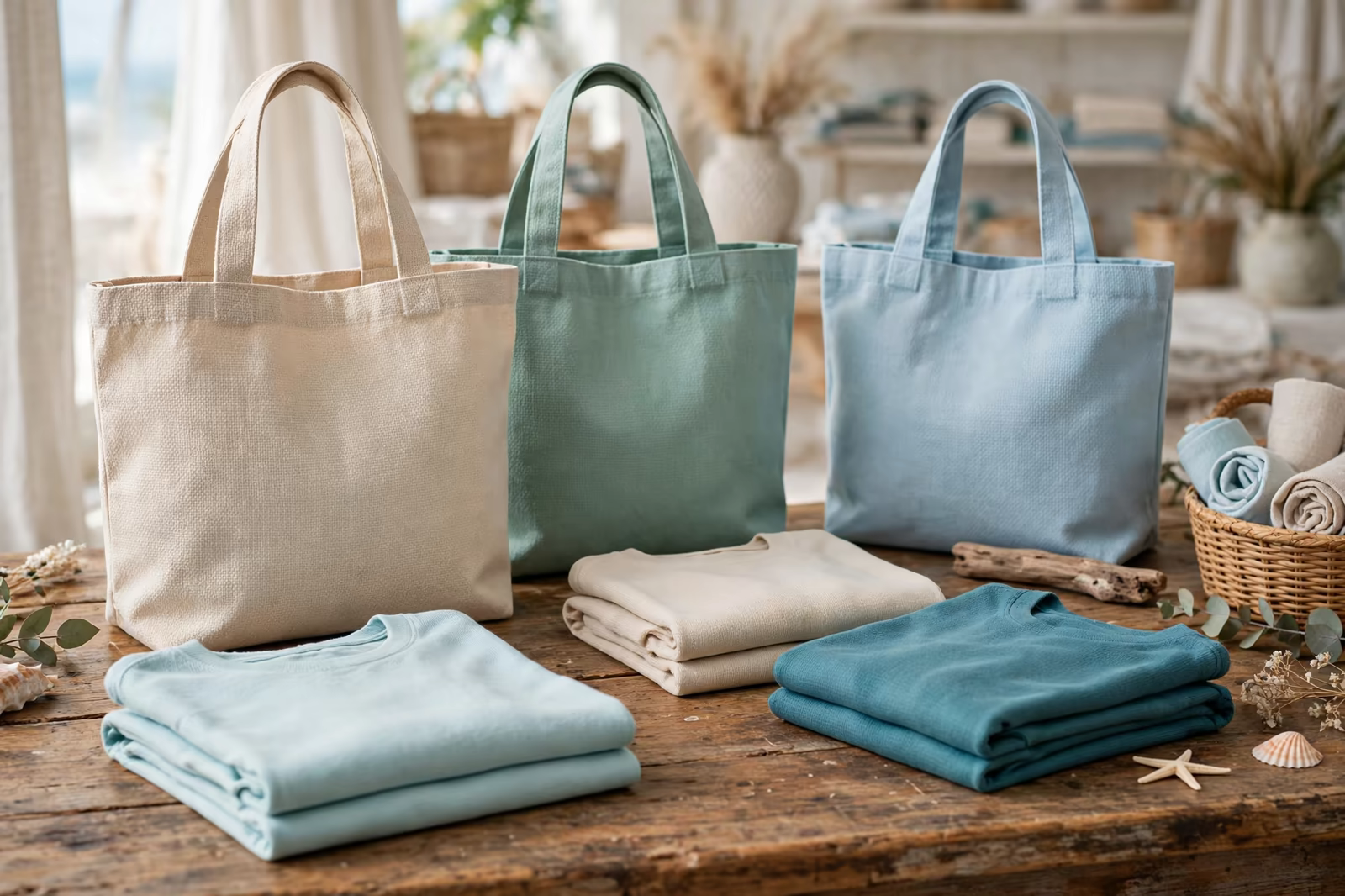 Canvas tote bags and folded destination t-shirts in coastal colours on a resort shop table, produced by a clothing manufacturer in Bangladesh