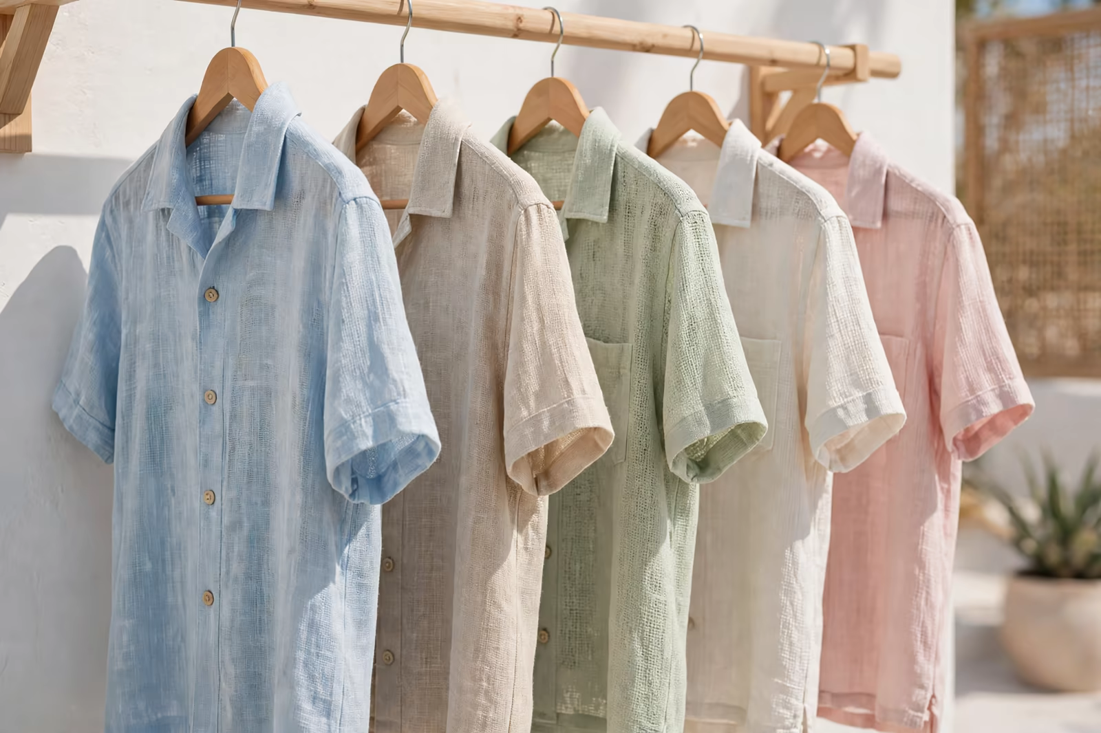 Resort staff casual woven shirts in light resort colours hanging on a rail, produced by a clothing manufacturer in Bangladesh