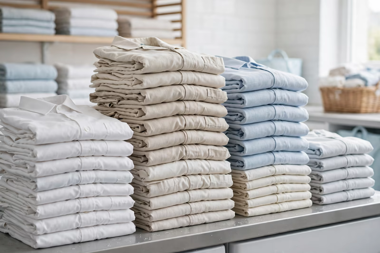 Tall stacks of freshly laundered folded resort uniforms on a laundry counter, produced by a clothing manufacturer in Bangladesh
