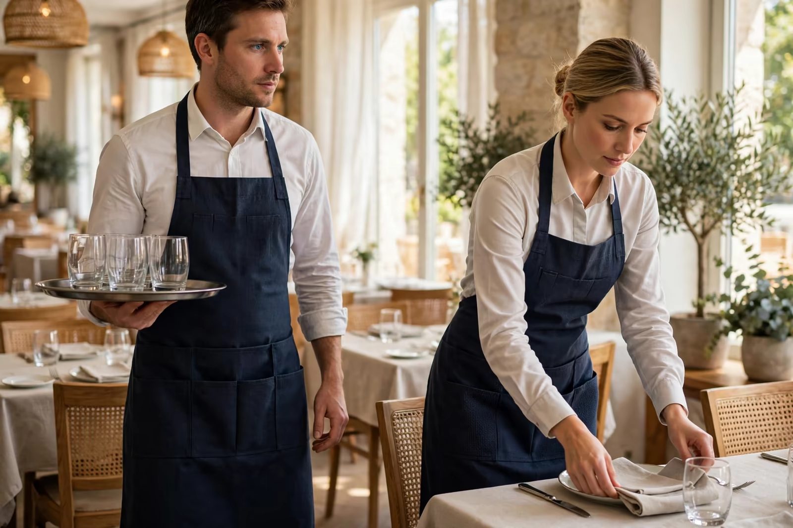 Restaurant servers in white shirts and navy aprons working on a dining floor, produced by a clothing manufacturer in Bangladesh