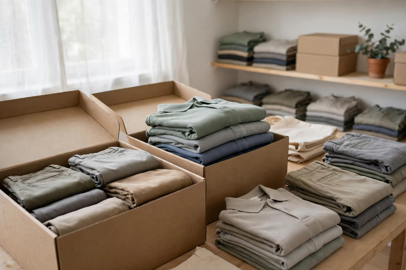 Retired uniform garments sorted into plain boxes for textile recycling, produced by a clothing manufacturer in Bangladesh