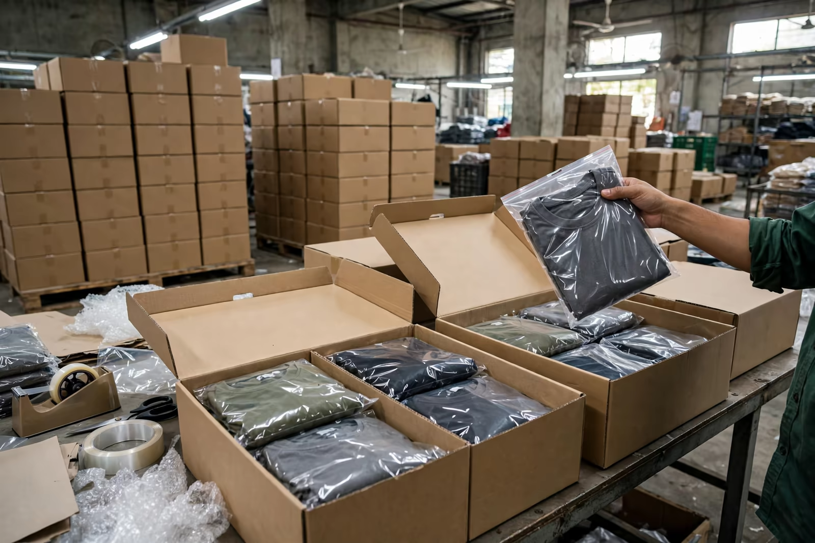 Opened cartons with garments drawn as an inspection sample at a manufacturer in Bangladesh