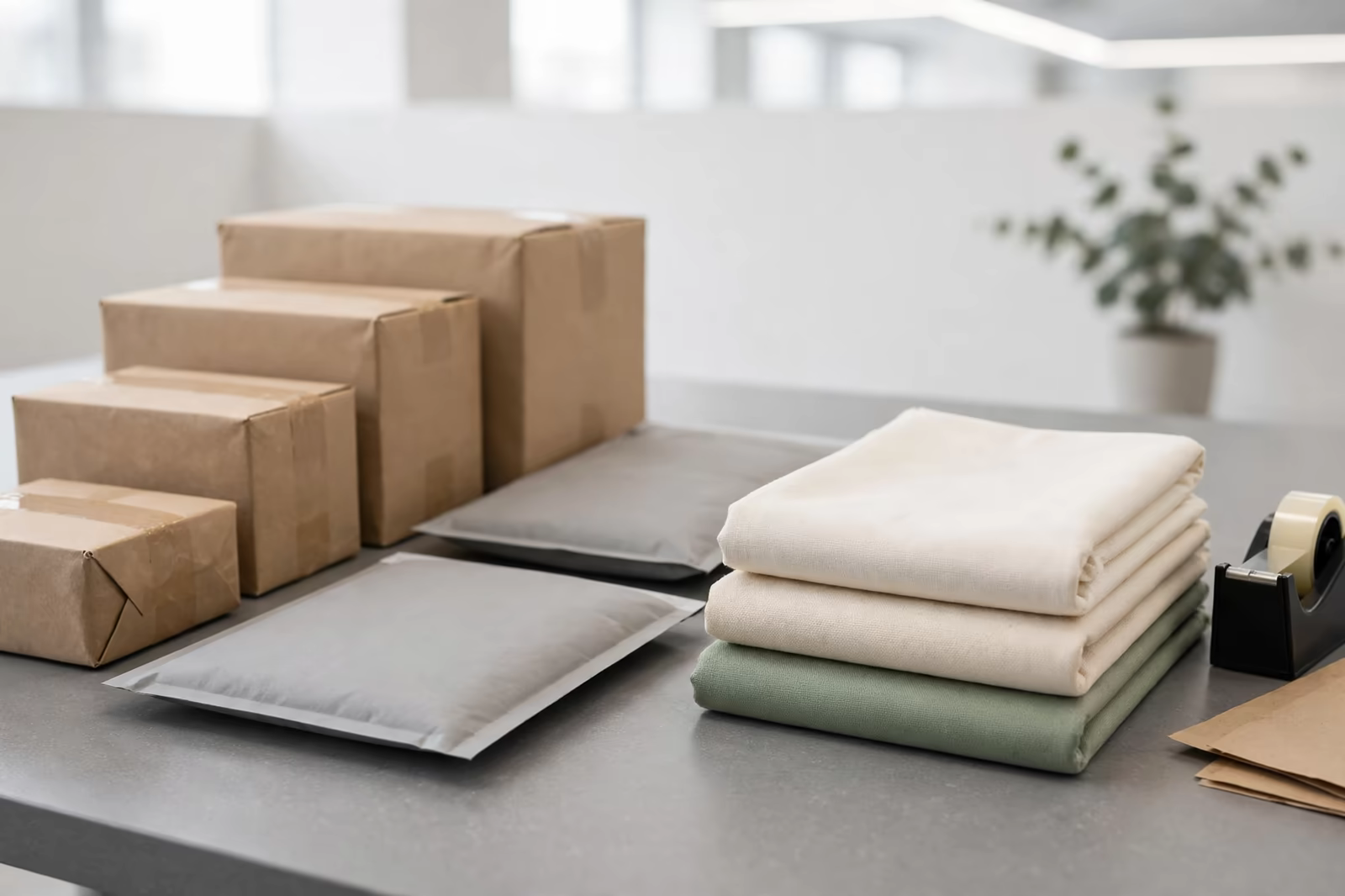 Plain courier parcels and padded envelopes beside folded garment samples on a dispatch bench, produced by a clothing manufacturer in Bangladesh