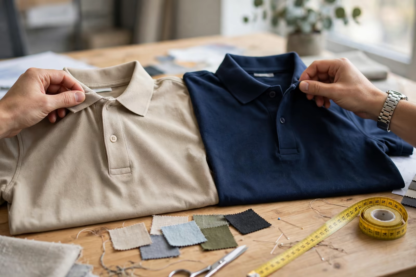 Sample garments from two factories compared on a desk