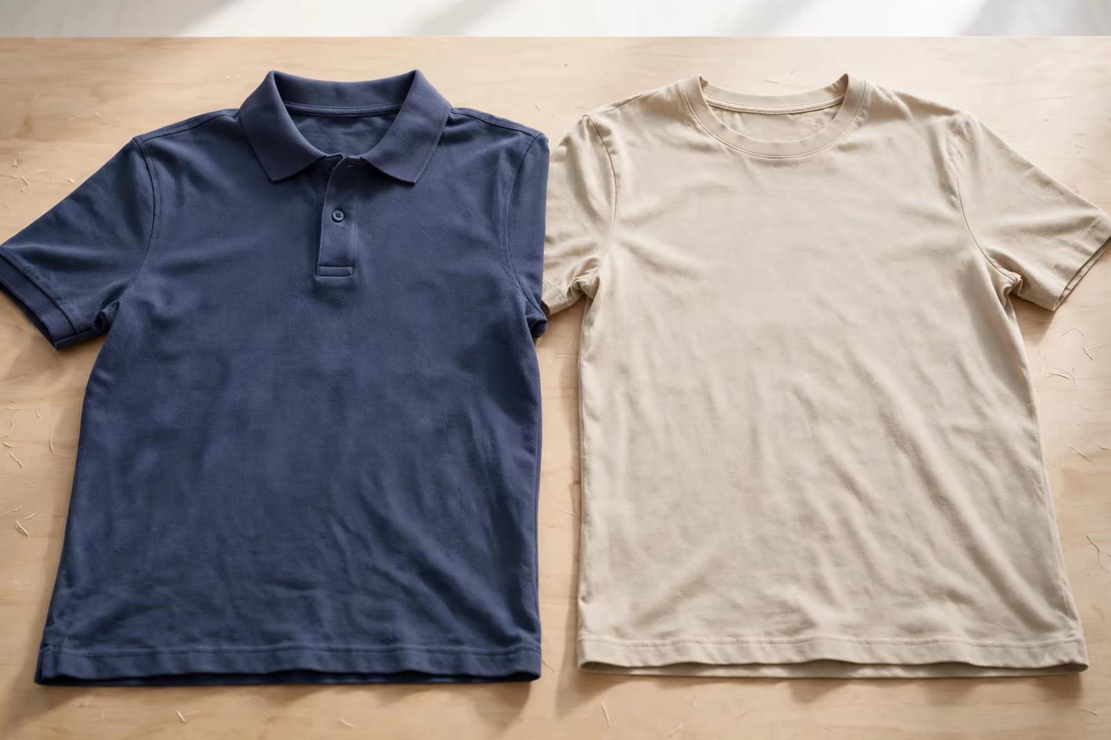 A polo shirt and a t-shirt sample lying side by side on a table for comparison, produced by a clothing manufacturer in Bangladesh