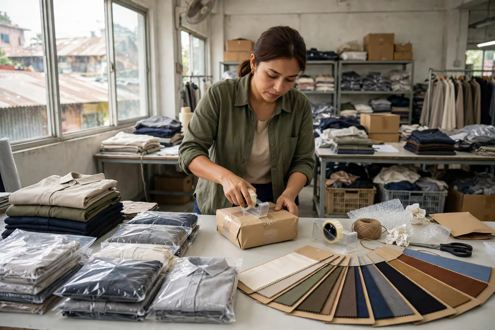 Garment samples being packed for courier dispatch in Bangladesh