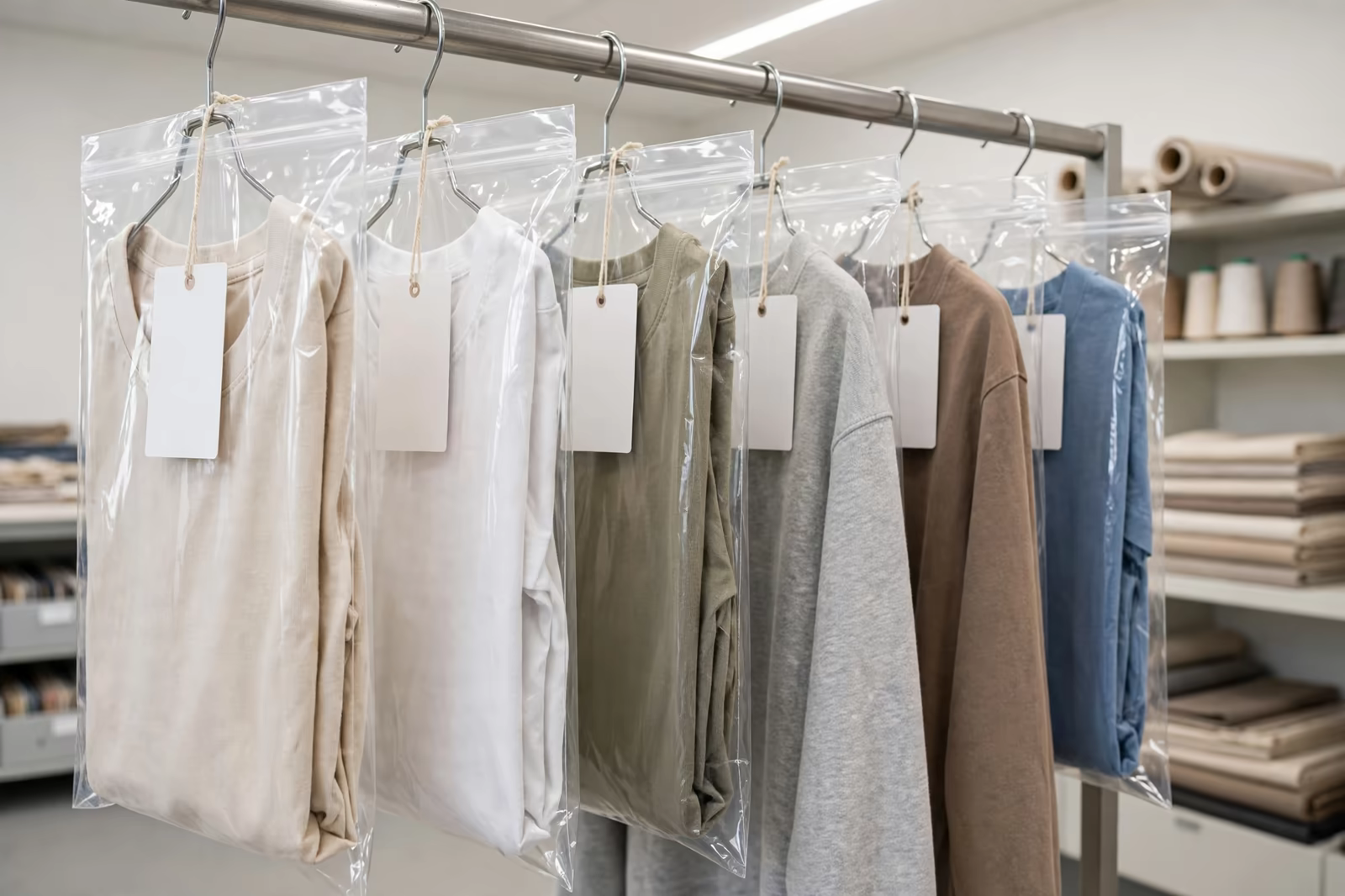 Sample garments in polybags with blank tags hanging on a sample room rail, produced by a clothing manufacturer in Bangladesh