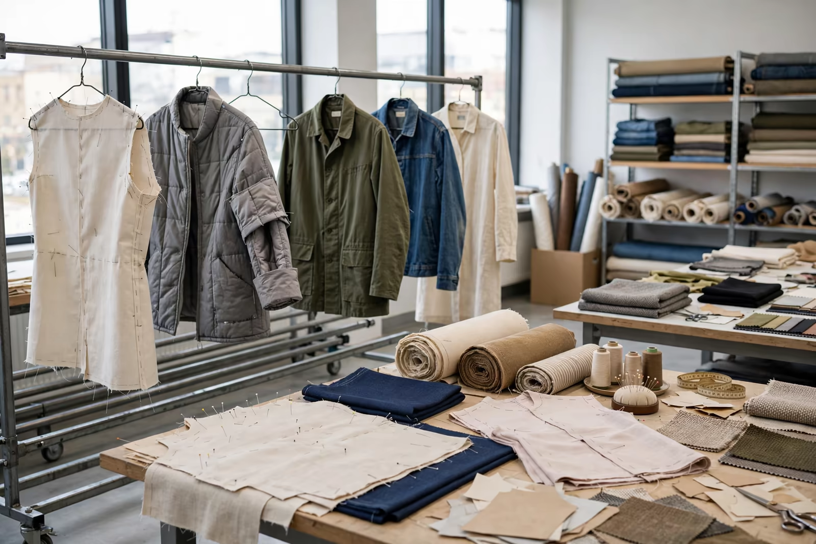 Garment styles at different development stages on rails and tables in a bright sample room, produced by a clothing manufacturer in Bangladesh