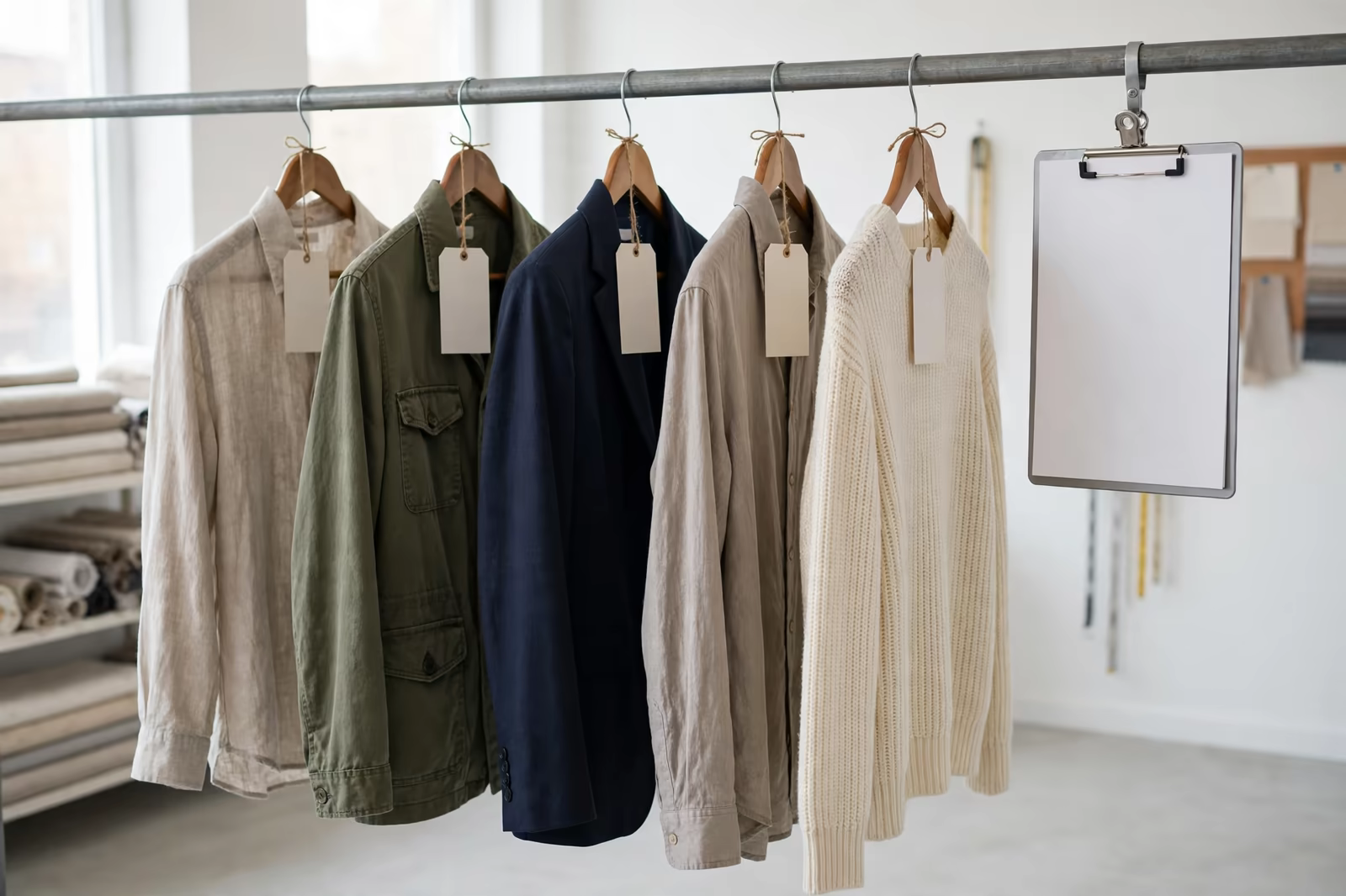 Sample garments tagged and logged on a rail in Bangladesh