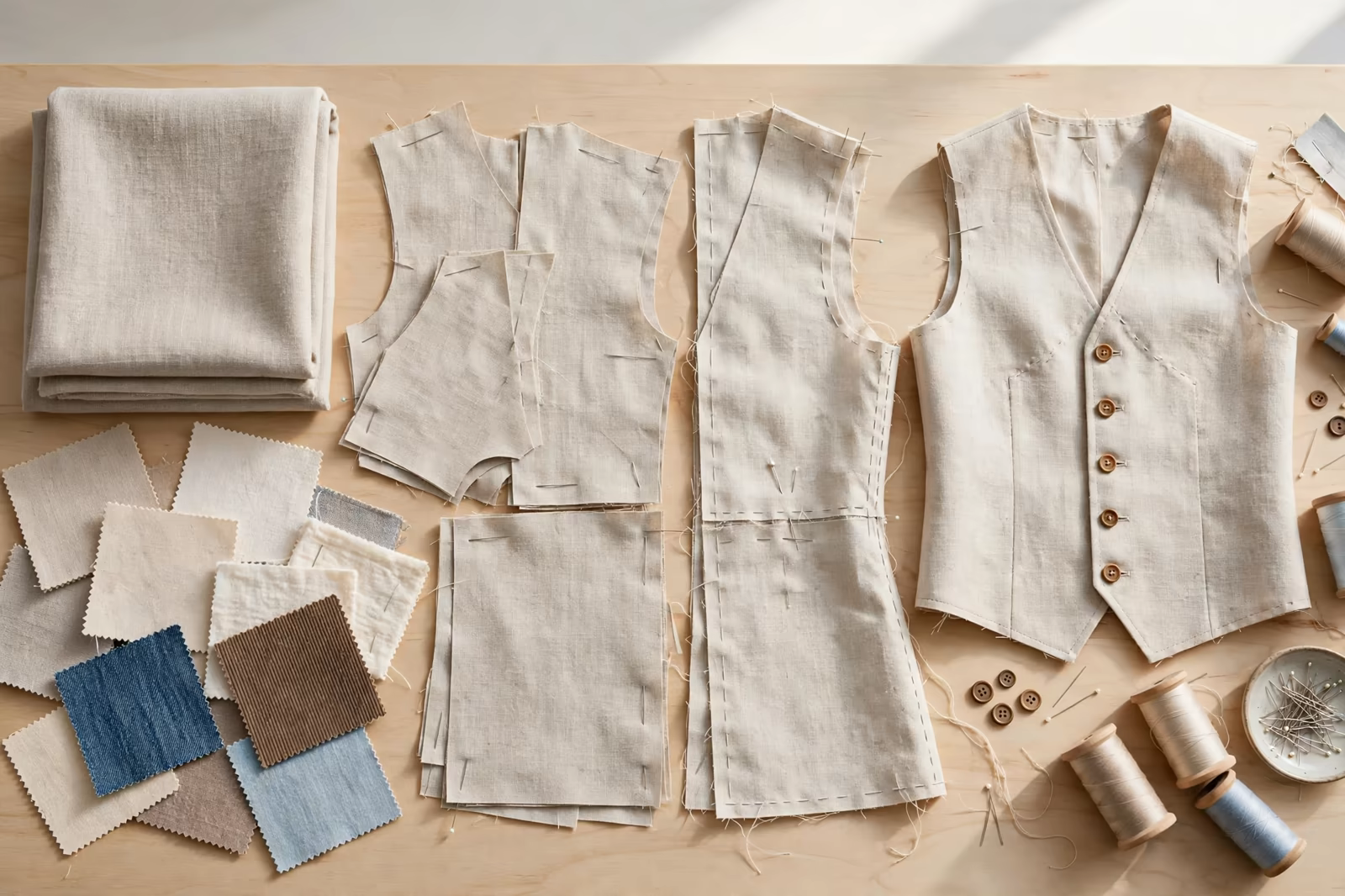Garment samples at different stages from fabric to finished piece on a table with swatches, produced by a clothing manufacturer in Bangladesh