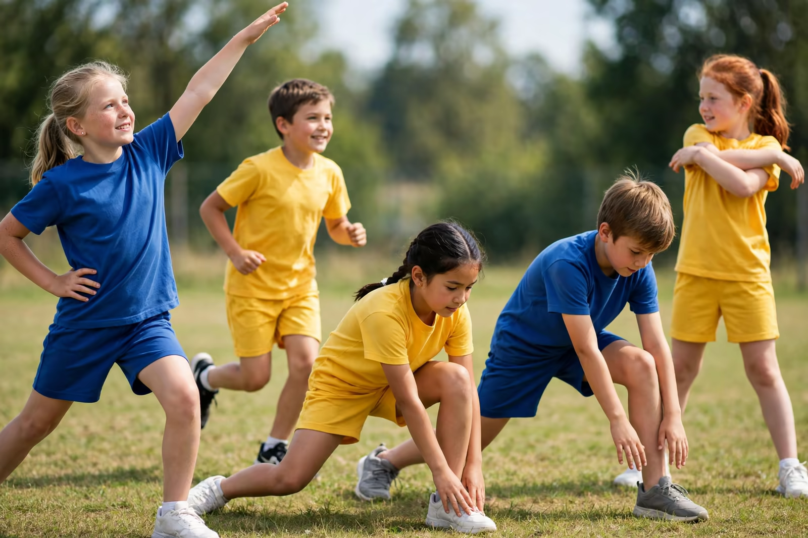 School children in blue and yellow PE kit t-shirts and shorts exercising on a sports field, produced by a clothing manufacturer in Bangladesh