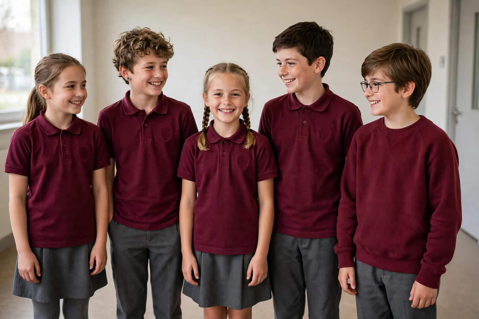 School children in burgundy uniform polo shirts and knitwear standing in a school corridor, produced by a clothing manufacturer in Bangladesh