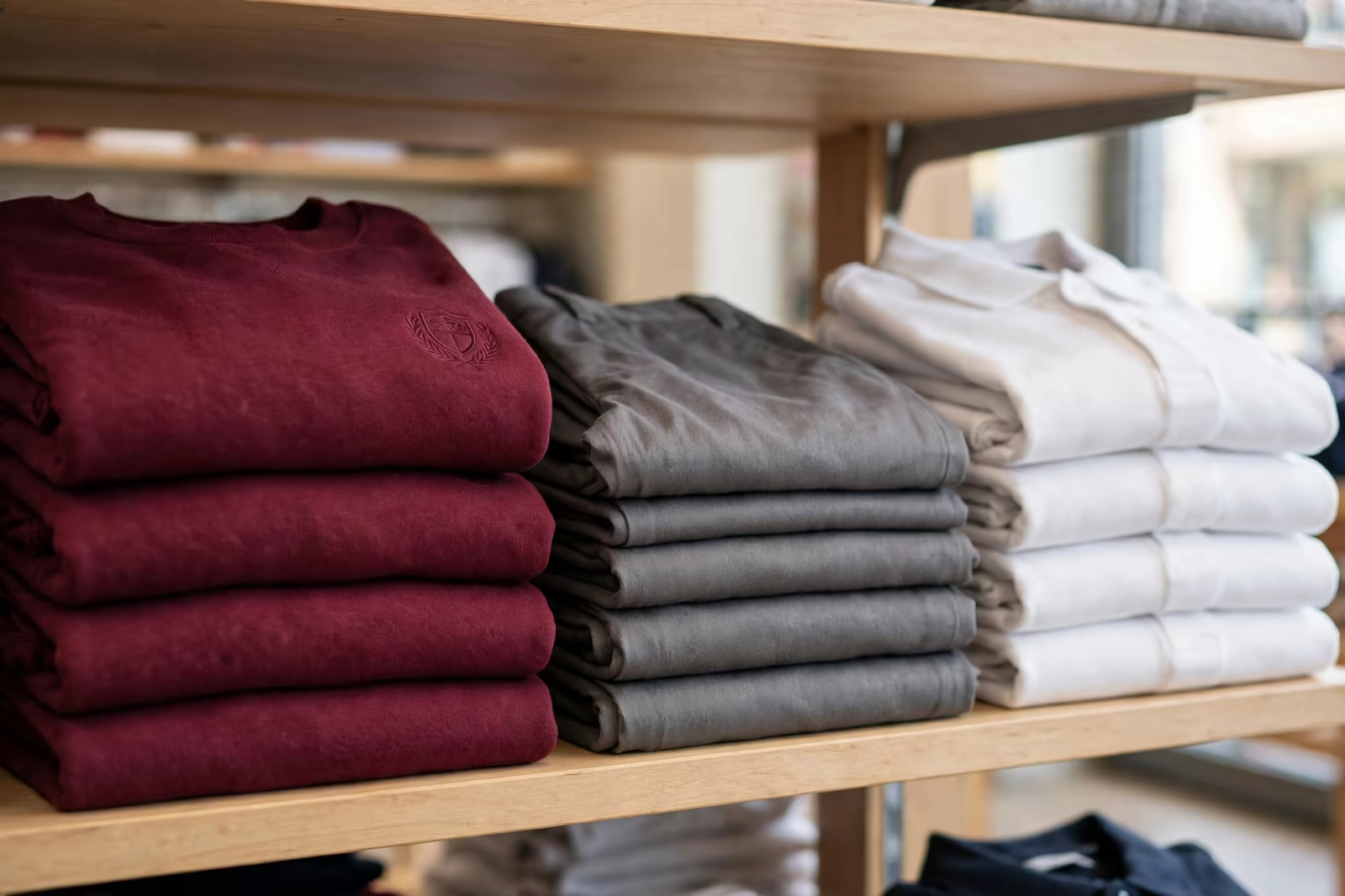 Folded stacks of crested school uniform sweatshirts, trousers and polo shirts on a shop shelf, produced by a clothing manufacturer in Bangladesh