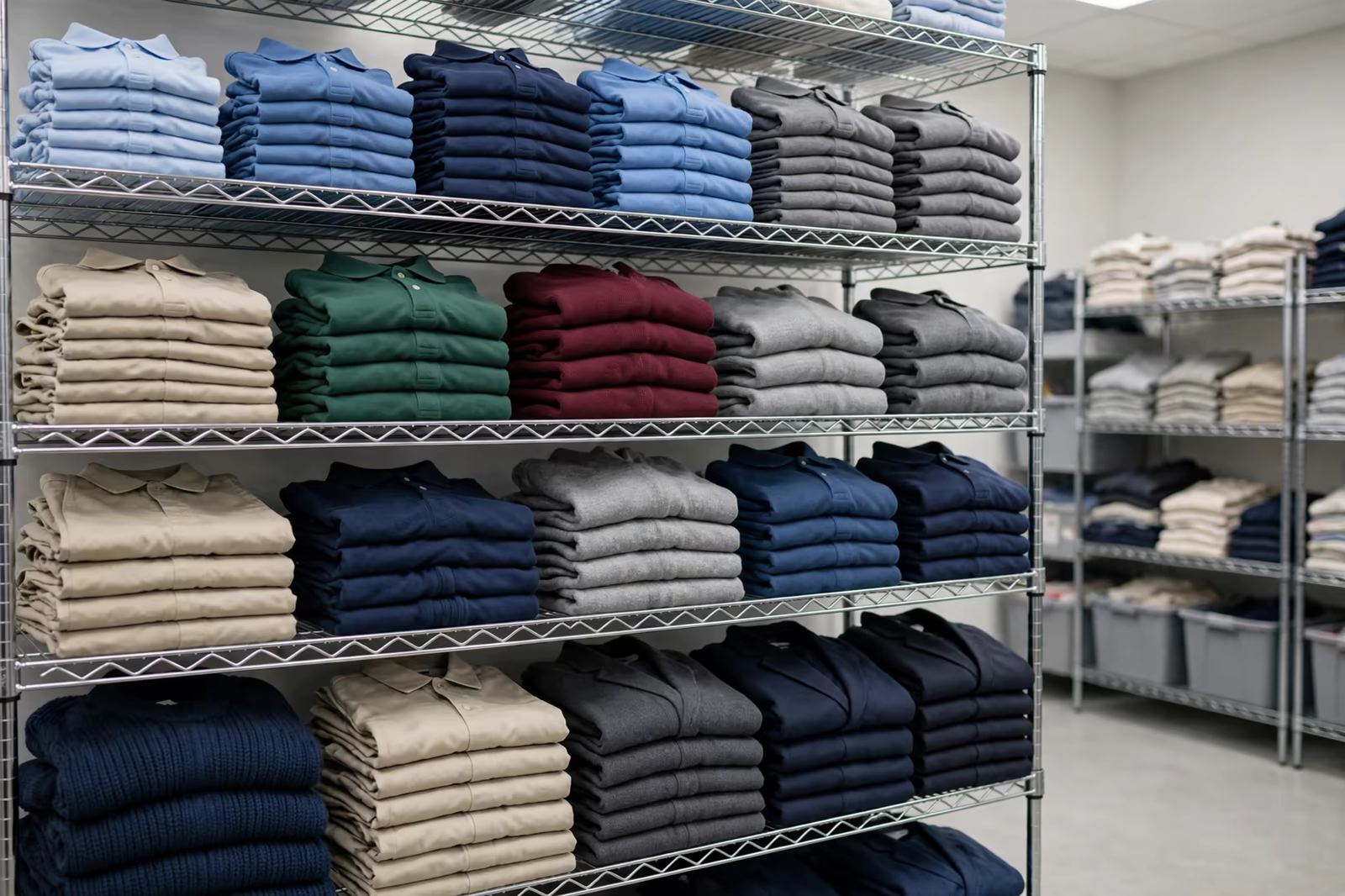 Shelves of folded school uniforms sorted by size in a bright stockroom, produced by a clothing manufacturer in Bangladesh