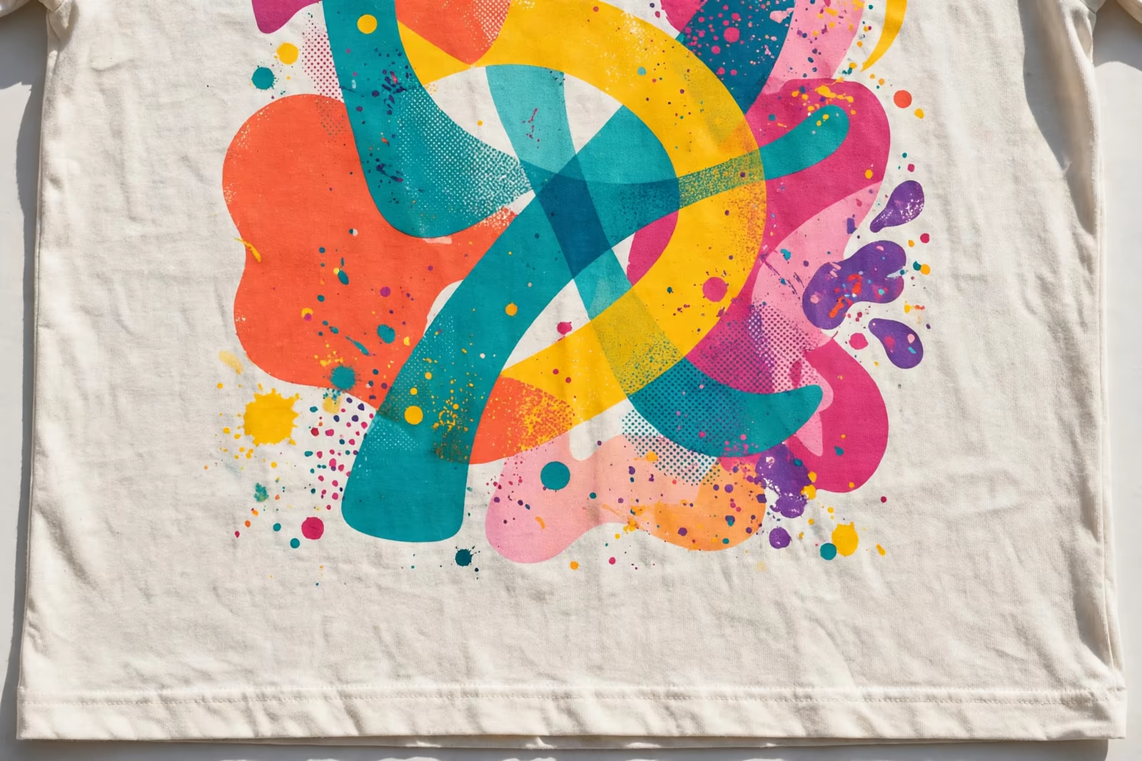 A screen printed t-shirt with a bold colourful abstract graphic design and visible ink texture, produced by a clothing manufacturer in Bangladesh