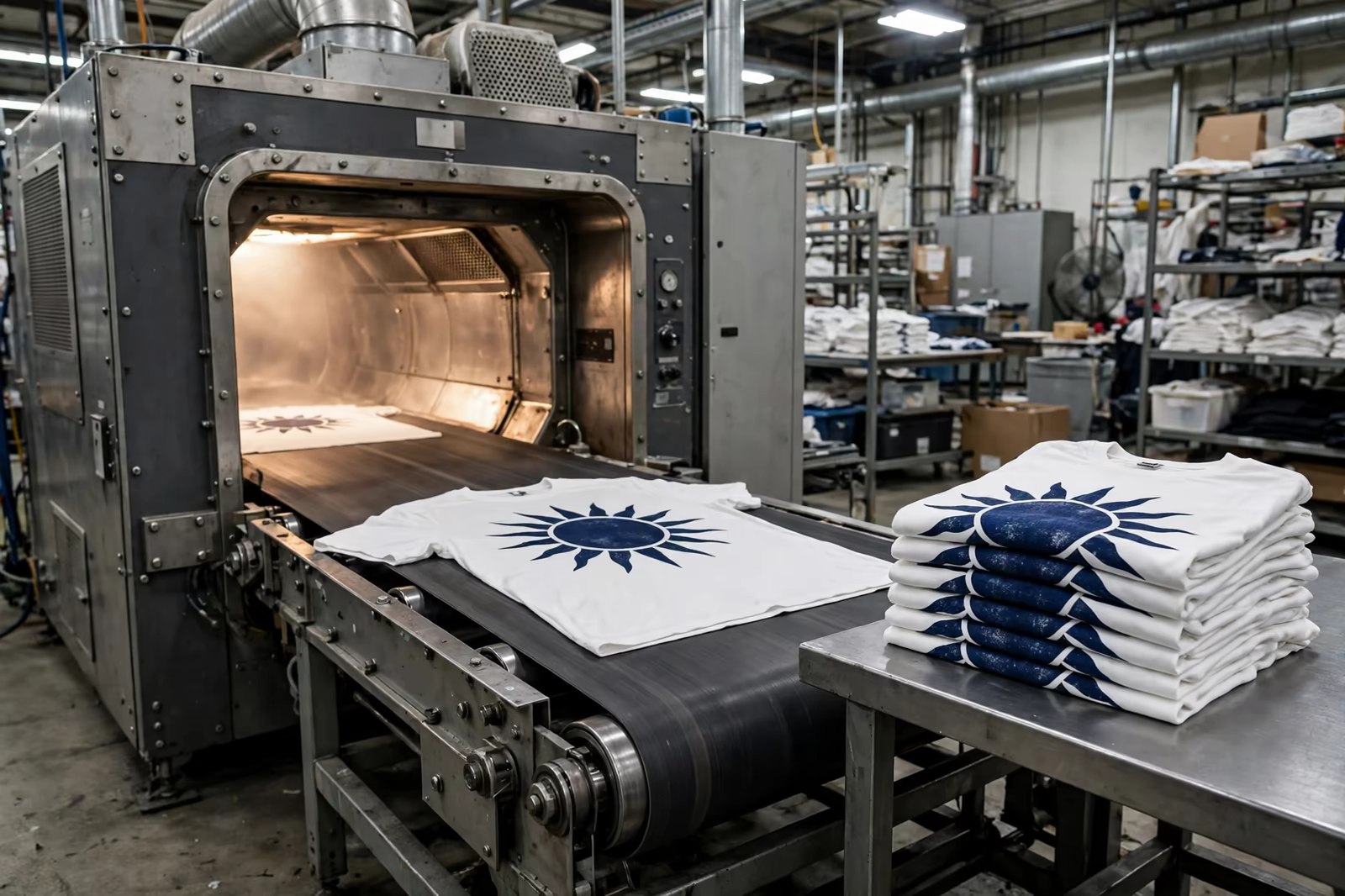Printed t-shirts curing on a conveyor dryer from a manufacturer in Bangladesh