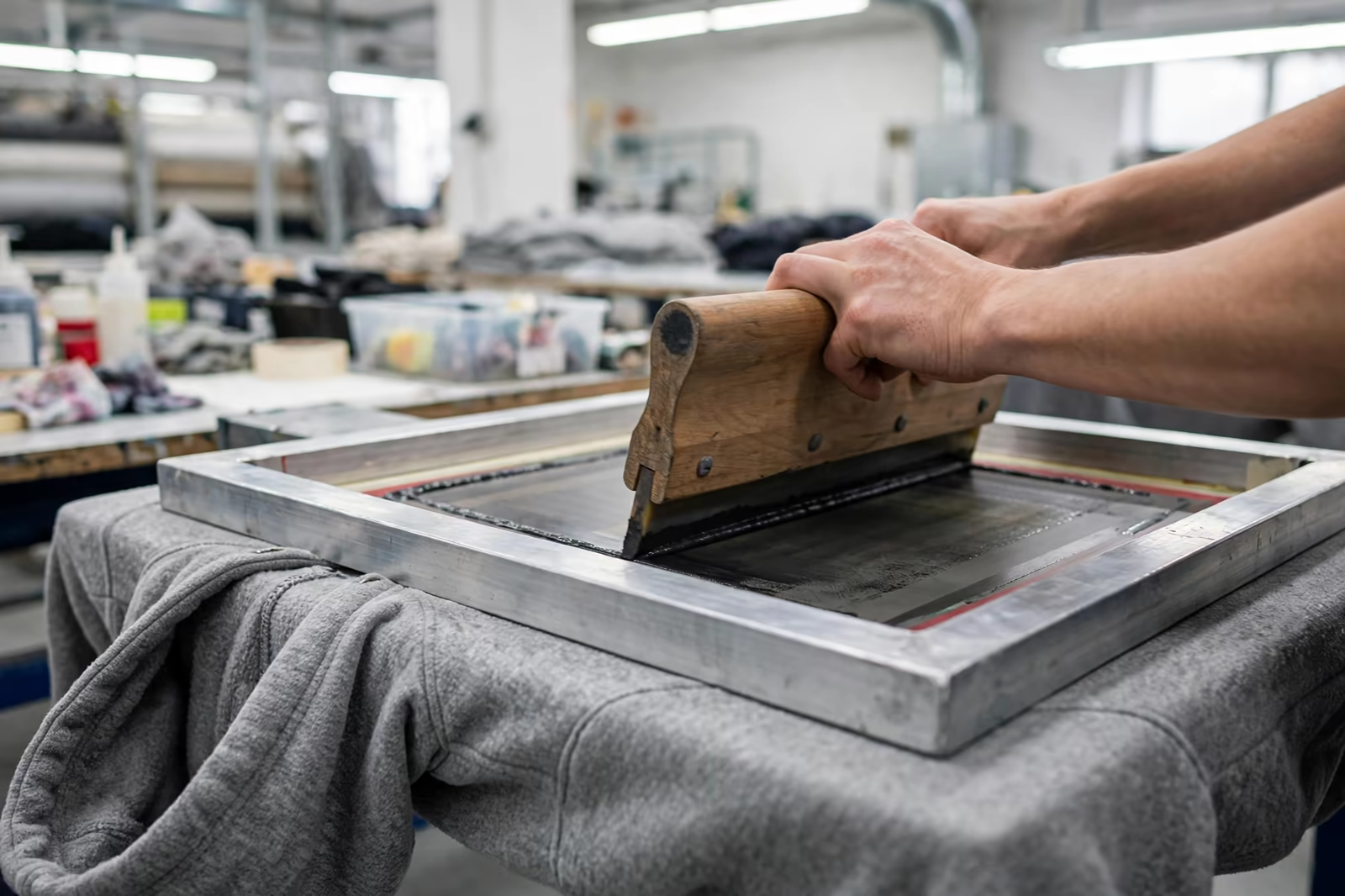 Screen printing a fleece hoodie on a factory table in Bangladesh
