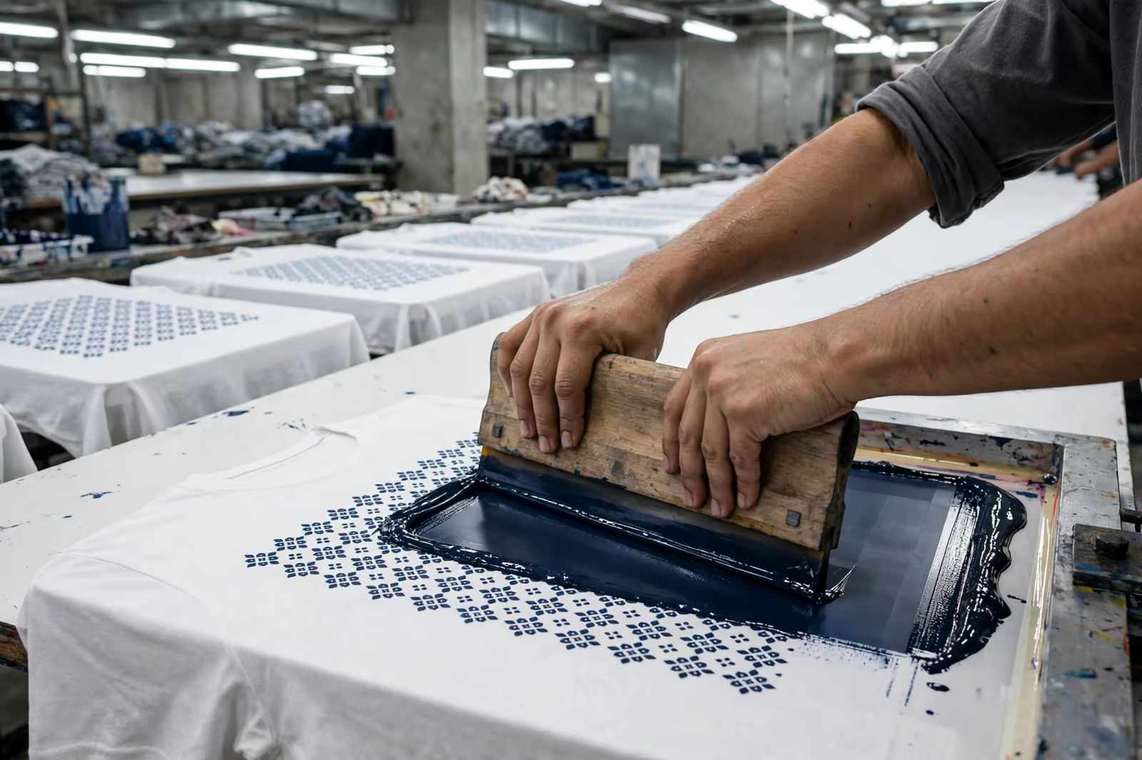 Manual screen printing on a long table from a manufacturer in Bangladesh