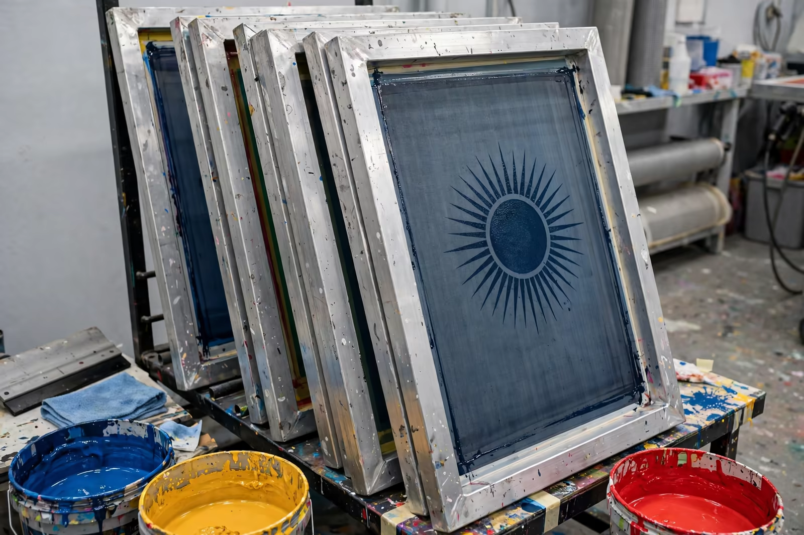 Screen printing screens stacked in a print room from a manufacturer in Bangladesh