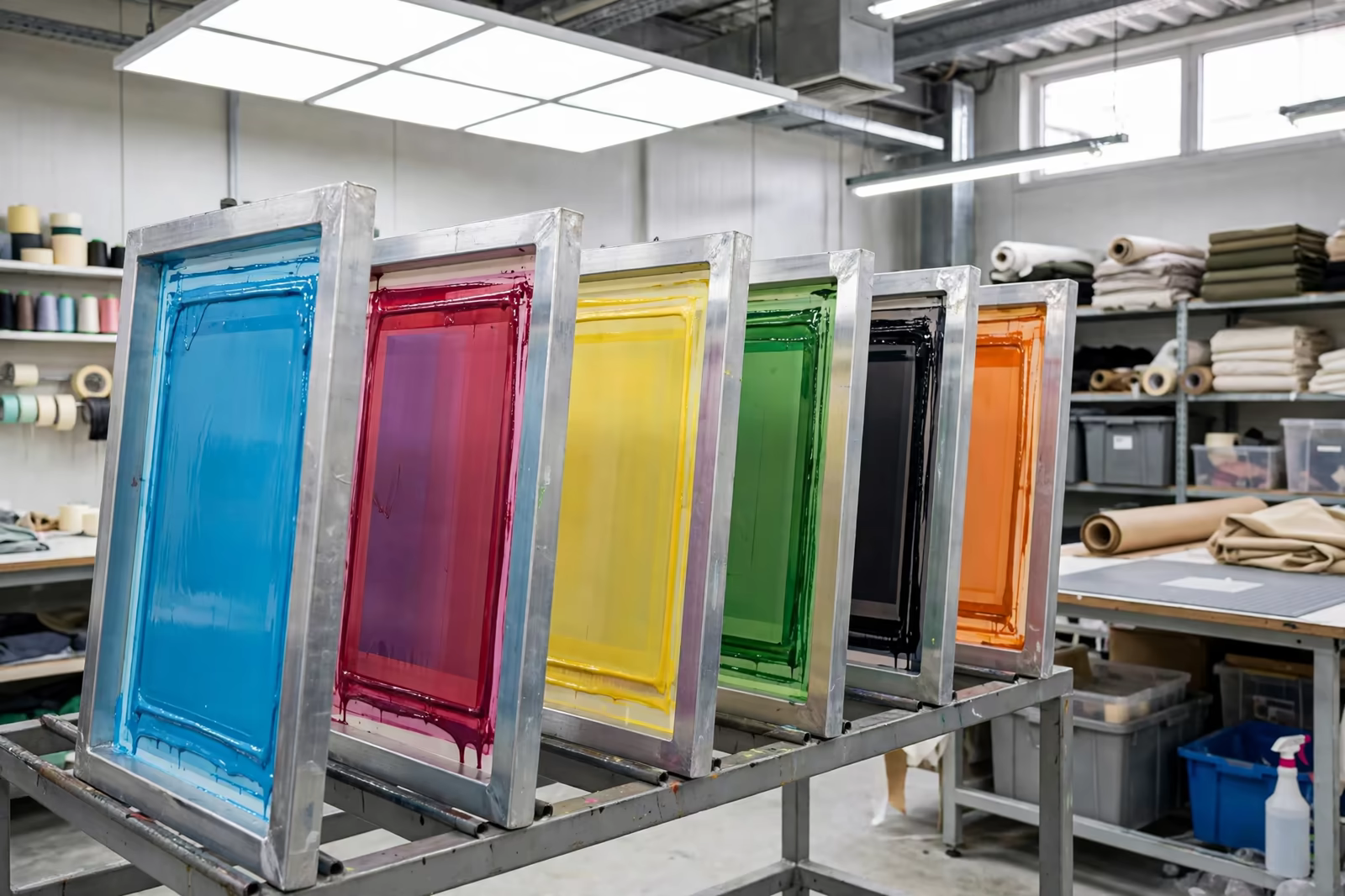 Screen printing screens in a row inside a factory in Bangladesh