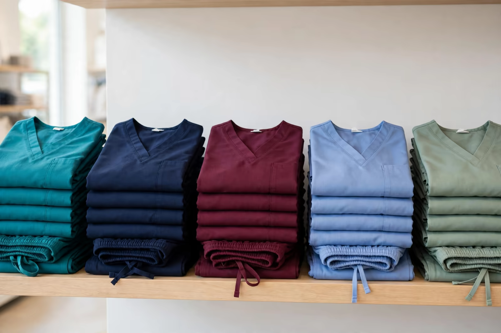 Folded scrubs-style uniform sets in five department colours stacked on a shelf at a clothing manufacturer in Bangladesh