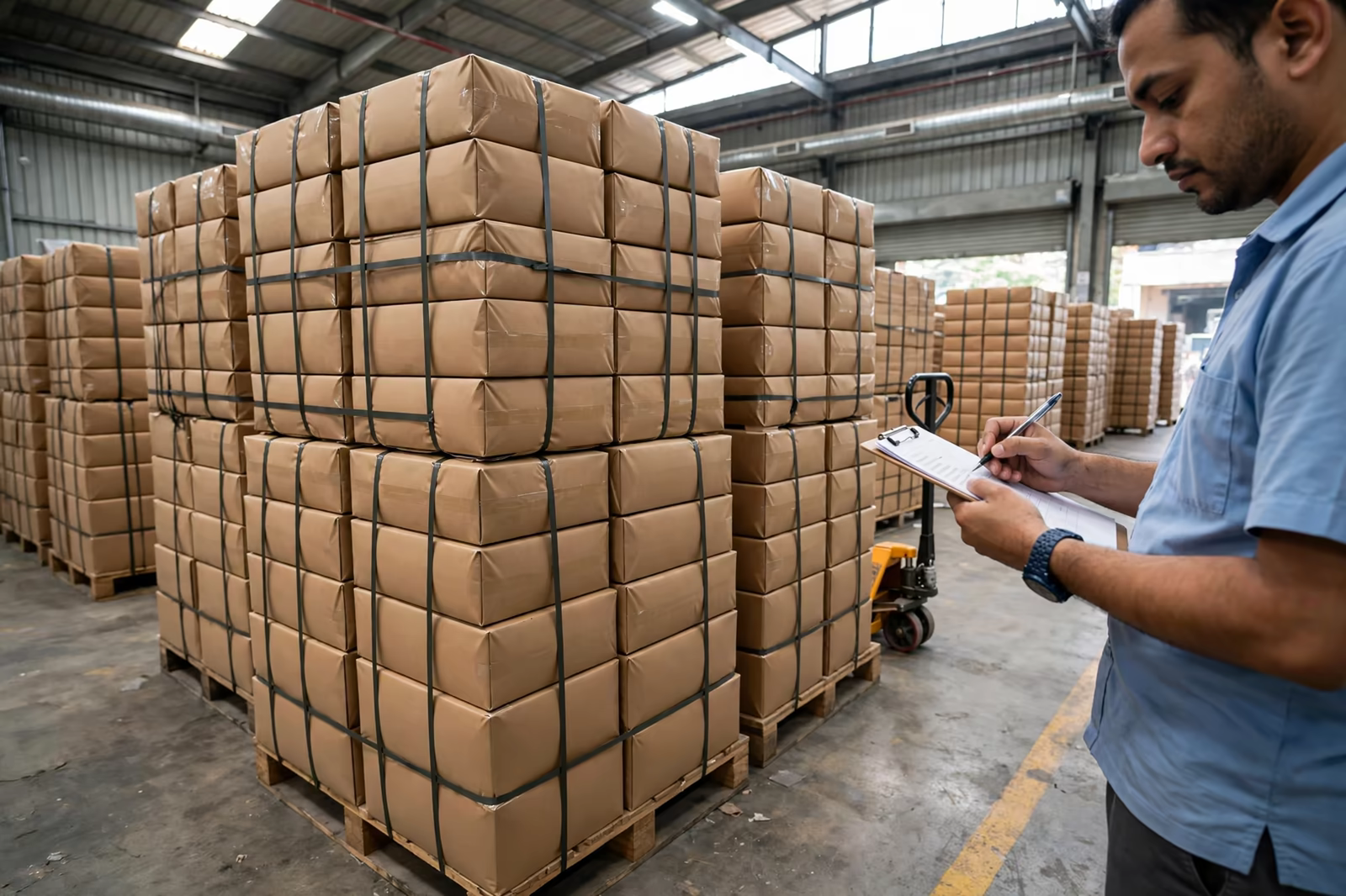 Sealed export cartons stacked and staged for container loading in Bangladesh