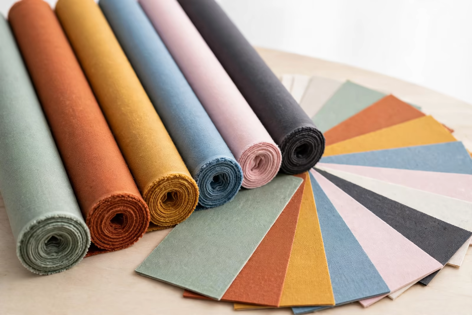 Fabric rolls in seasonal colours beside blank fabric shade cards fanned out on a table, produced by a clothing manufacturer in Bangladesh
