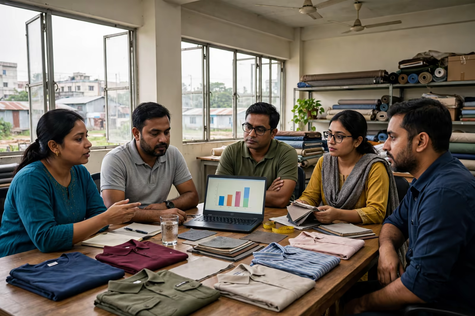 Factory team discussing a buyer seasonal forecast with garment samples in Bangladesh