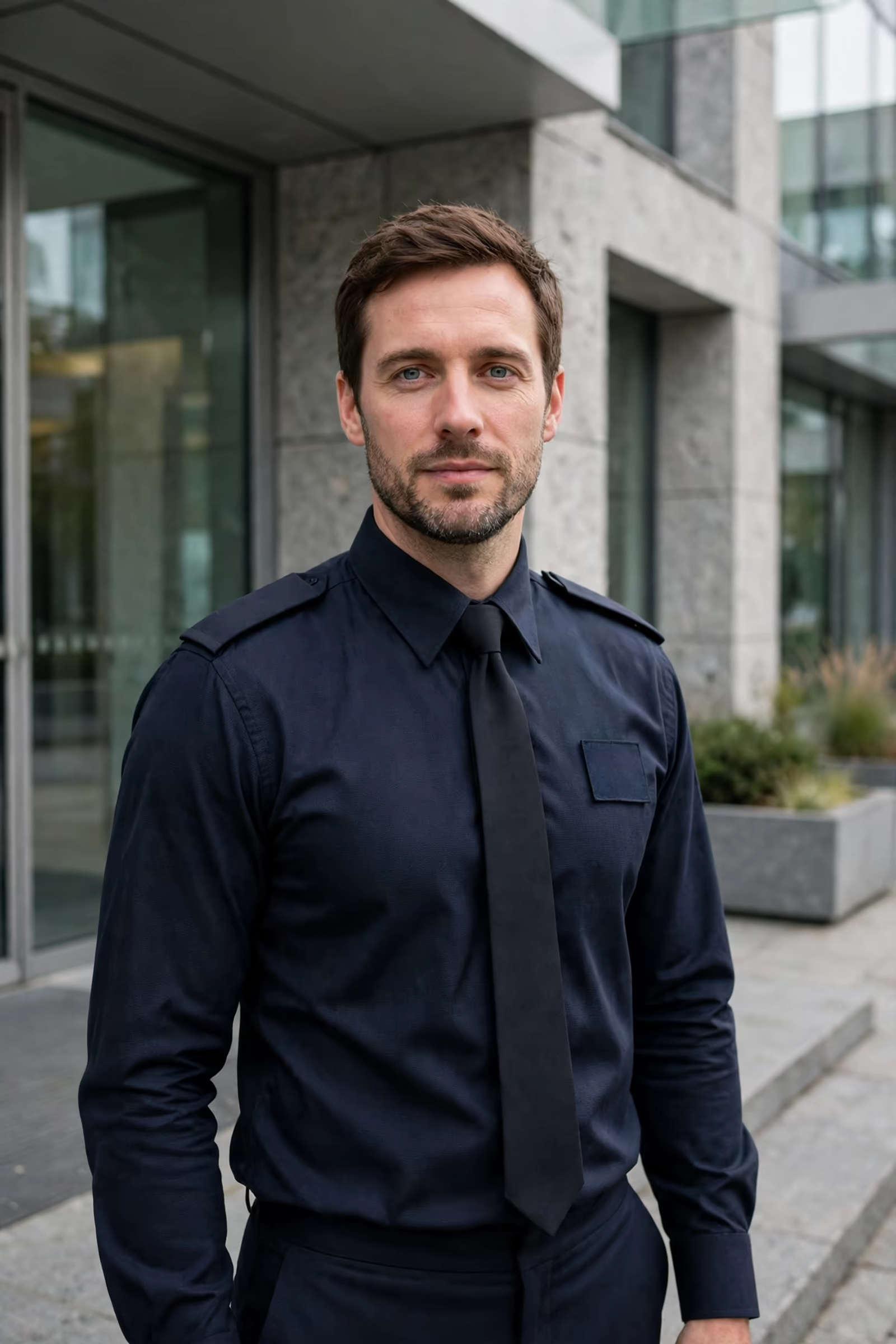 A security officer in a formal navy uniform with epaulettes standing at a corporate entrance, produced by a clothing manufacturer in Bangladesh