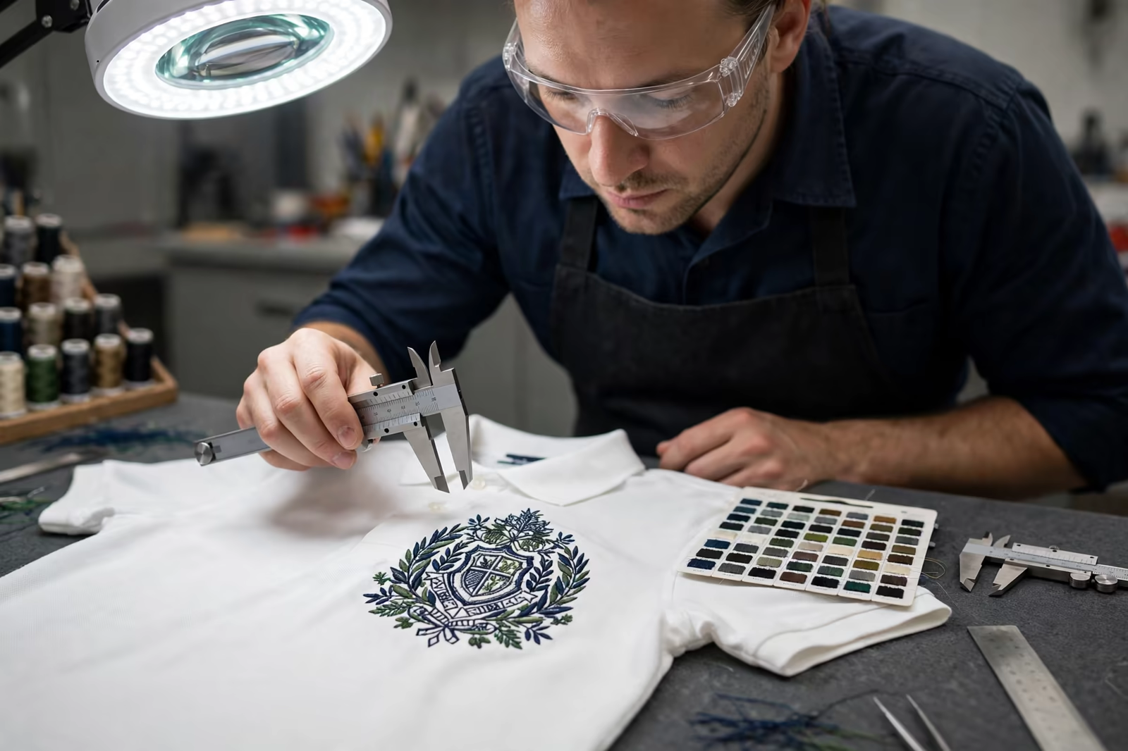 Inspector measuring an embroidery sew out sample in Bangladesh