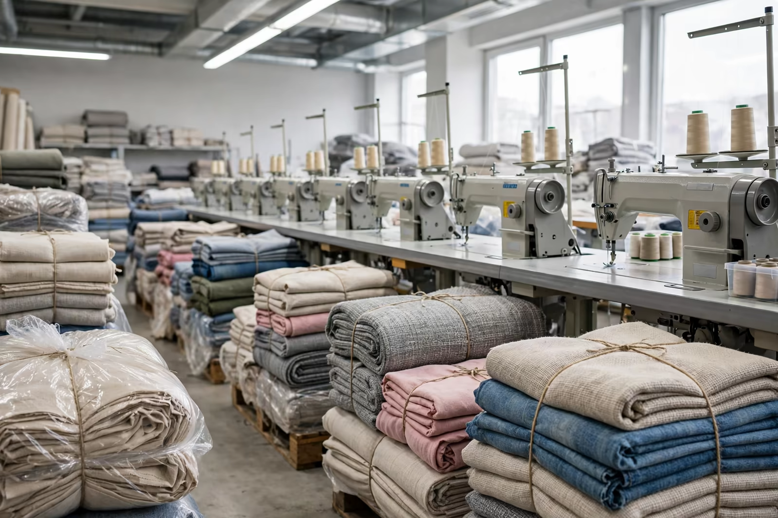 A sewing line with machines in a row and tied fabric bundles waiting in a bright factory, produced by a clothing manufacturer in Bangladesh