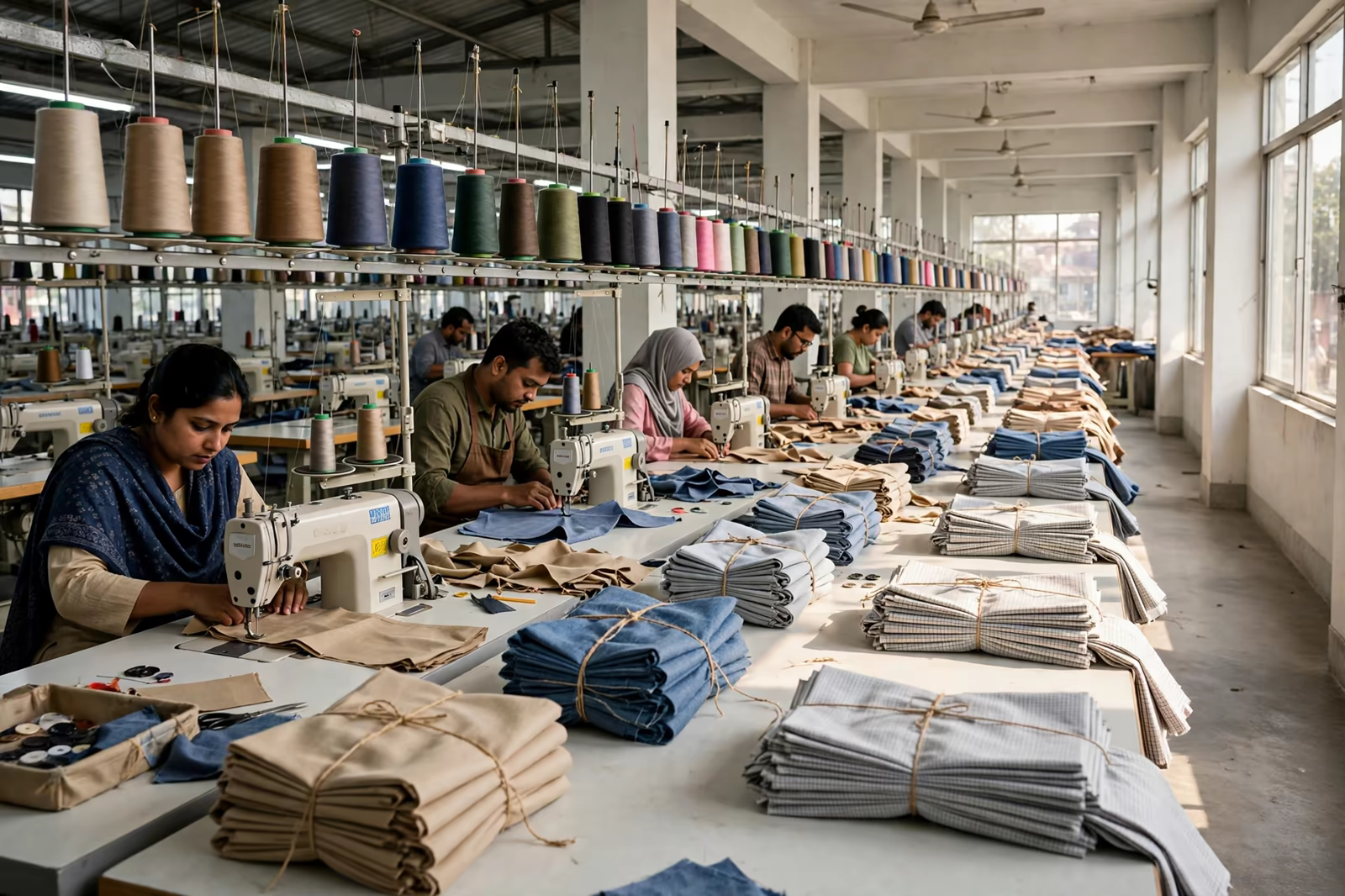 Operators at balanced stations along a sewing line with garment bundles moving between them