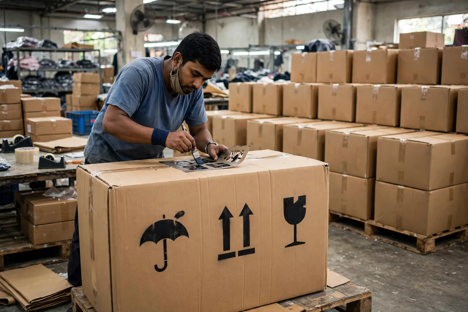 Shipping carton marks being printed on export cartons in Bangladesh
