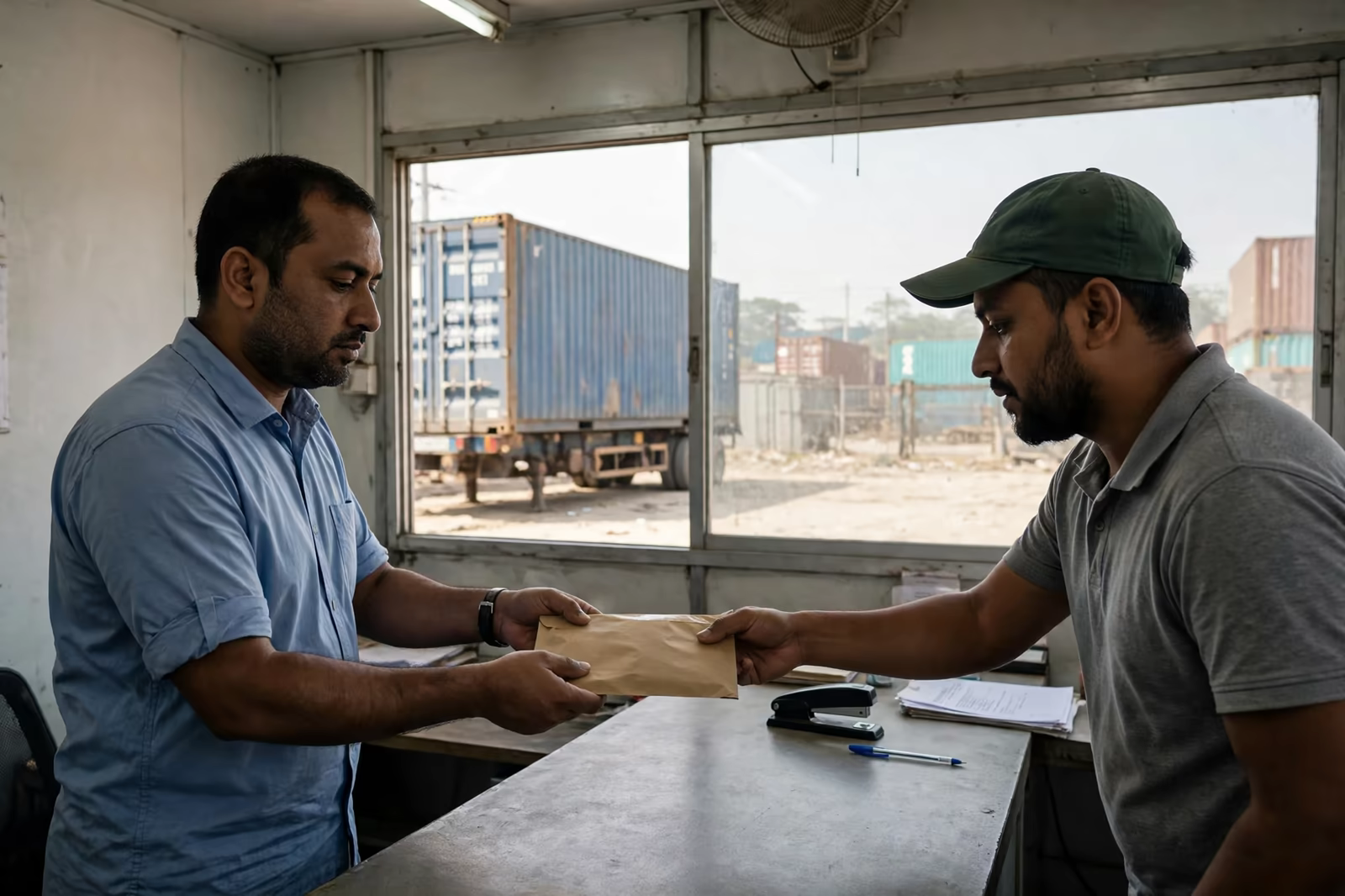 Shipping documents being handed over at a container yard