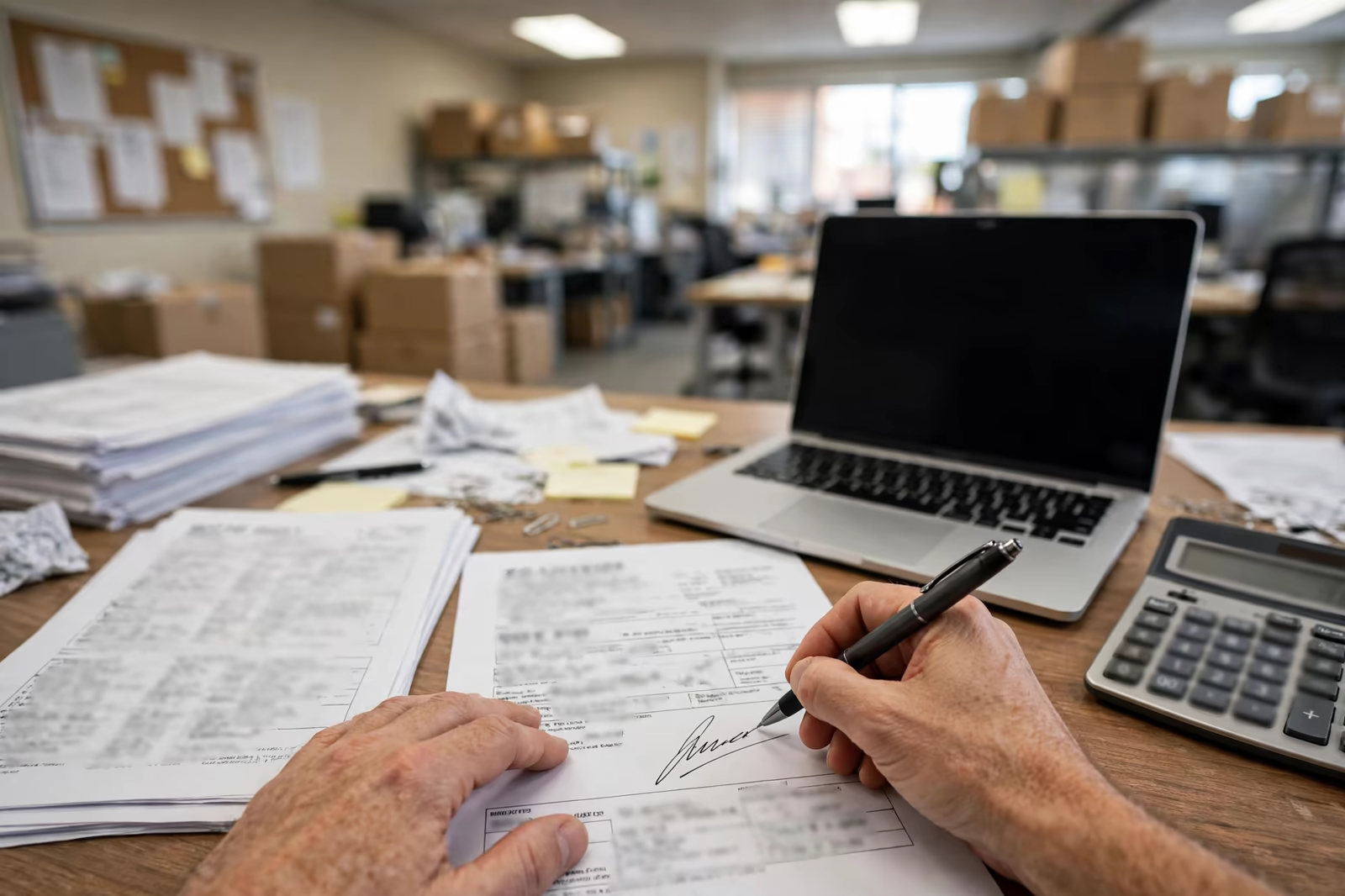 Shipping documents being signed at a freight office desk
