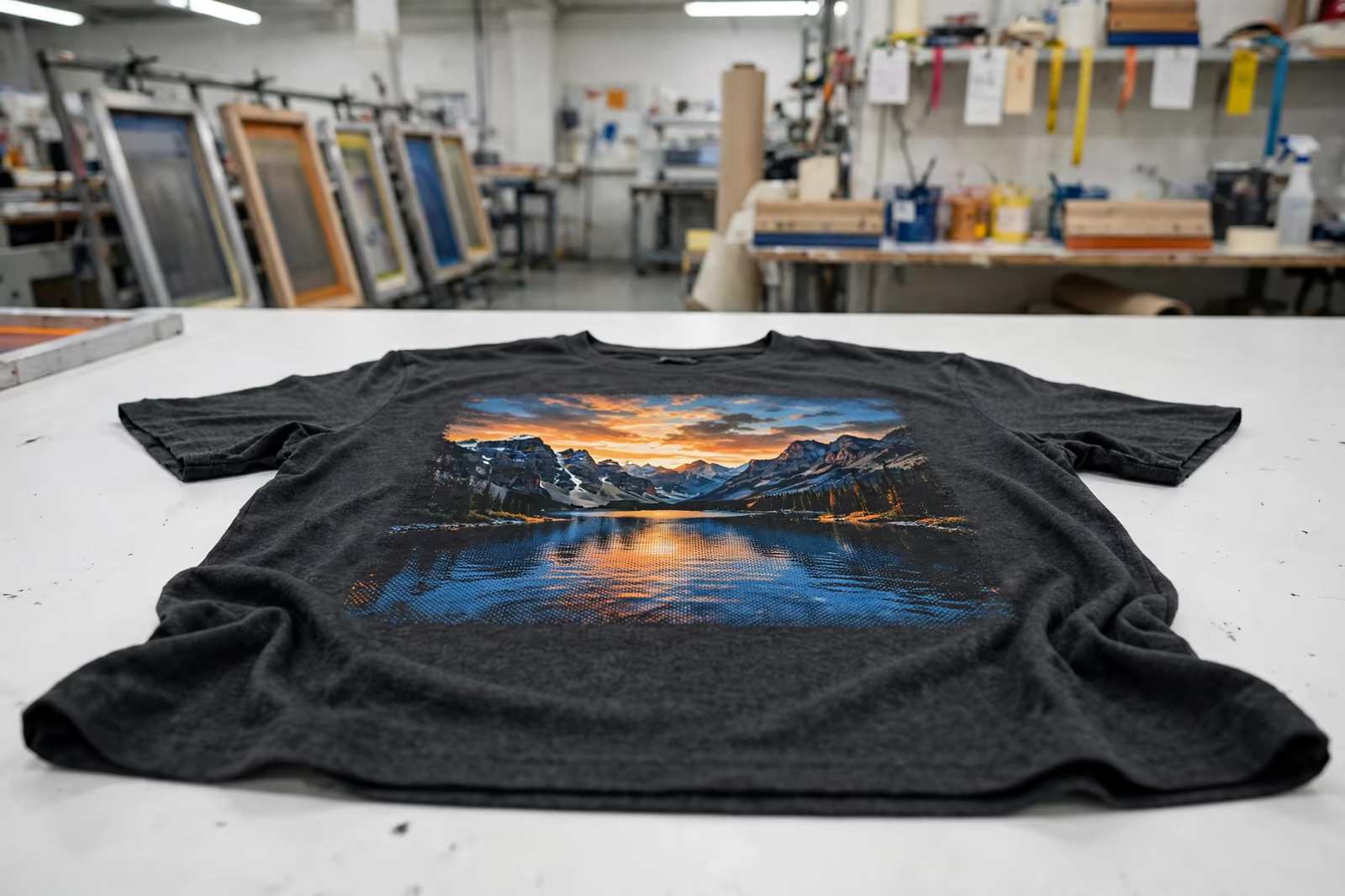 Simulated process photographic print on a charcoal t-shirt in Bangladesh