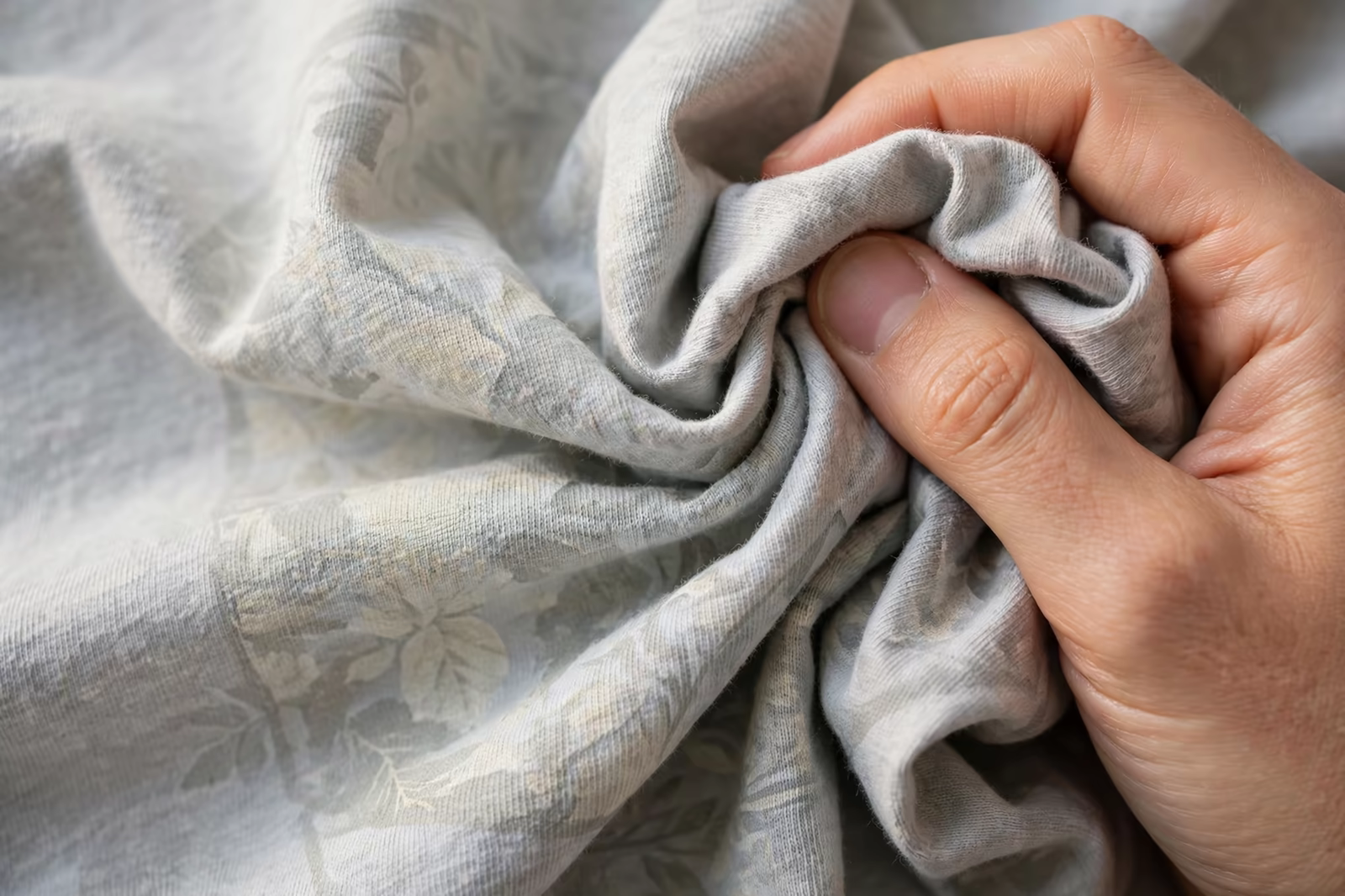 Hand feeling a soft water-based print on a t-shirt in Bangladesh