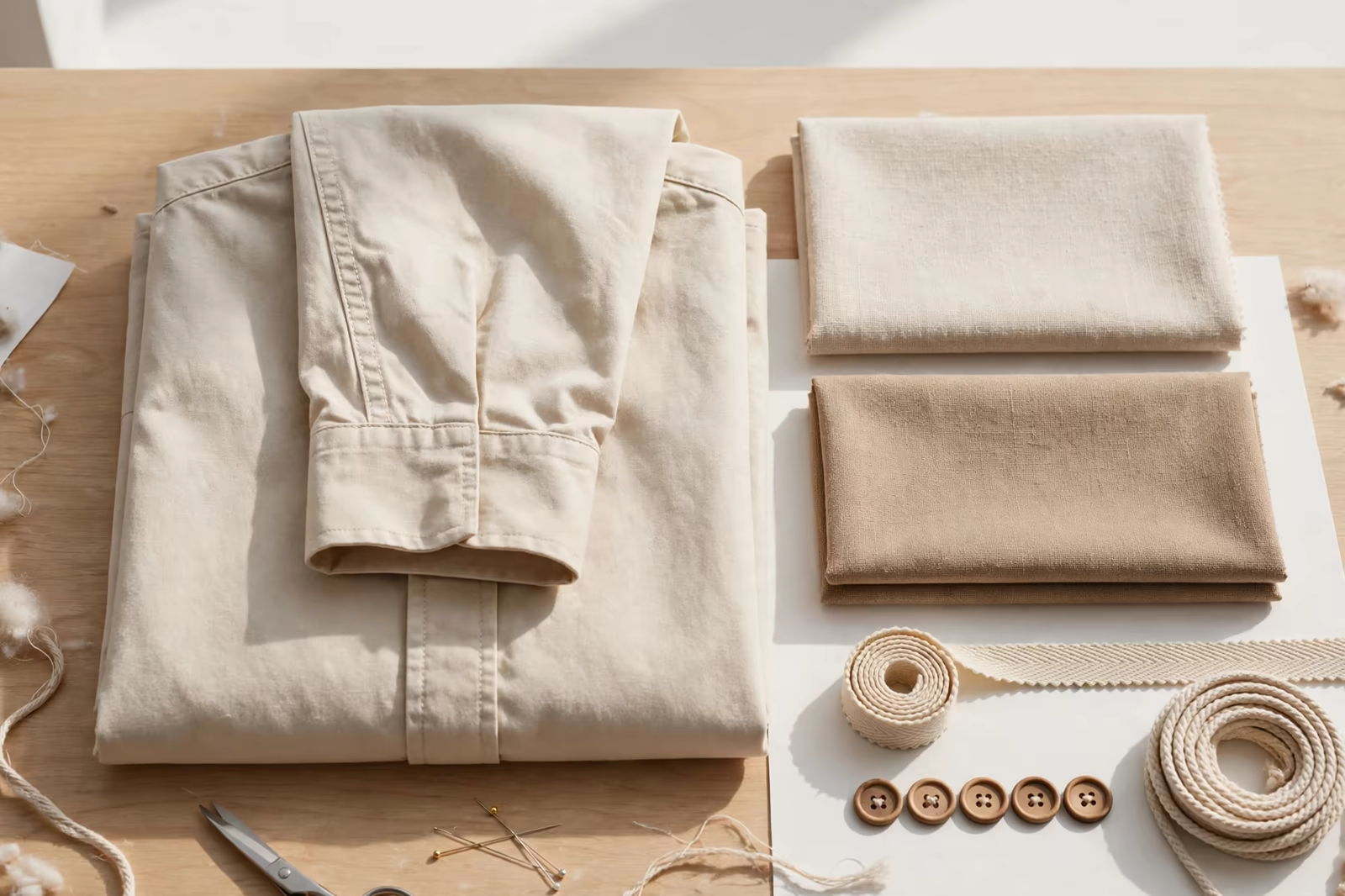 A sample shirt with fabric alternatives, webbing, cord and buttons laid out for review, produced by a clothing manufacturer in Bangladesh