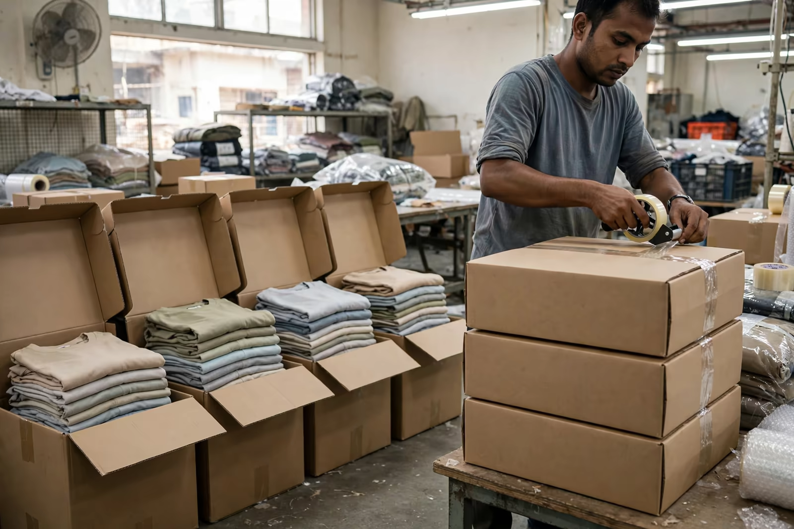 Part of an order being sealed as a split shipment in Bangladesh