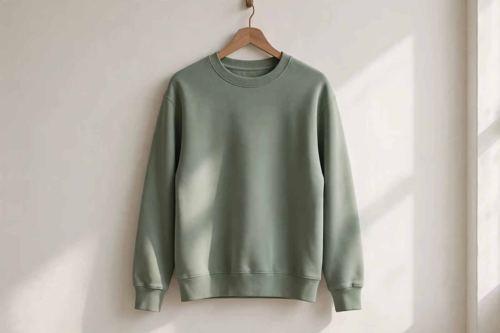 Steamed sweatshirt hanging against a plain wall in Bangladesh