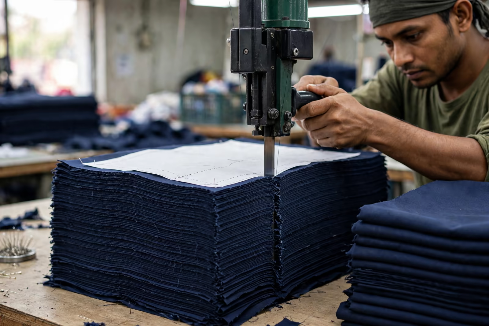 Straight knife machine cutting through a layered fabric lay in a cutting room in Bangladesh